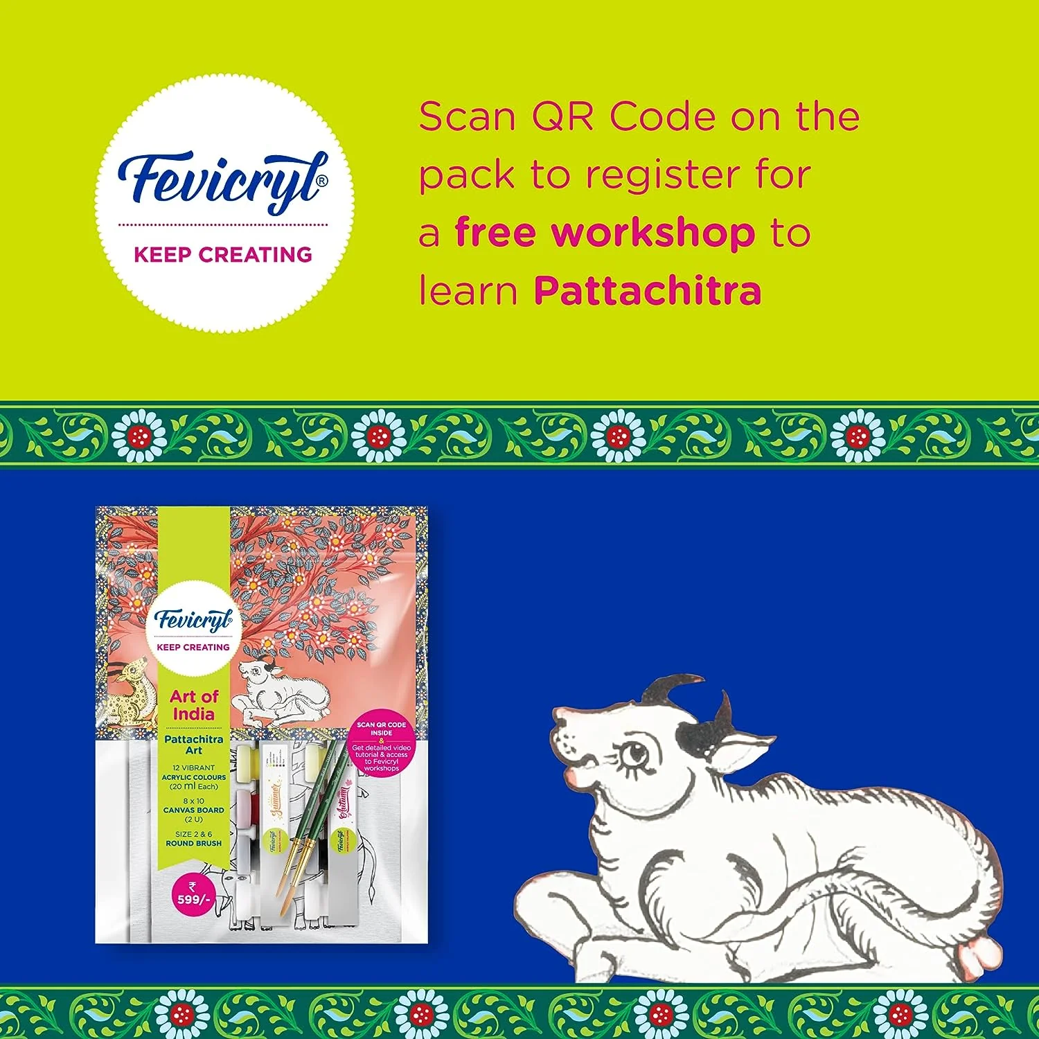 Pidilite Fevicryl DIY Self Painting Art of India Kit - Gond Art | Acrylic Paints 12 shades x 20ml Each, Set of Round Brushes (2U), Pre-Designed Canvas Board 8''x 10'' | Art and Craft for Artists, Students, Children | Best Gift for Artists - Image 3