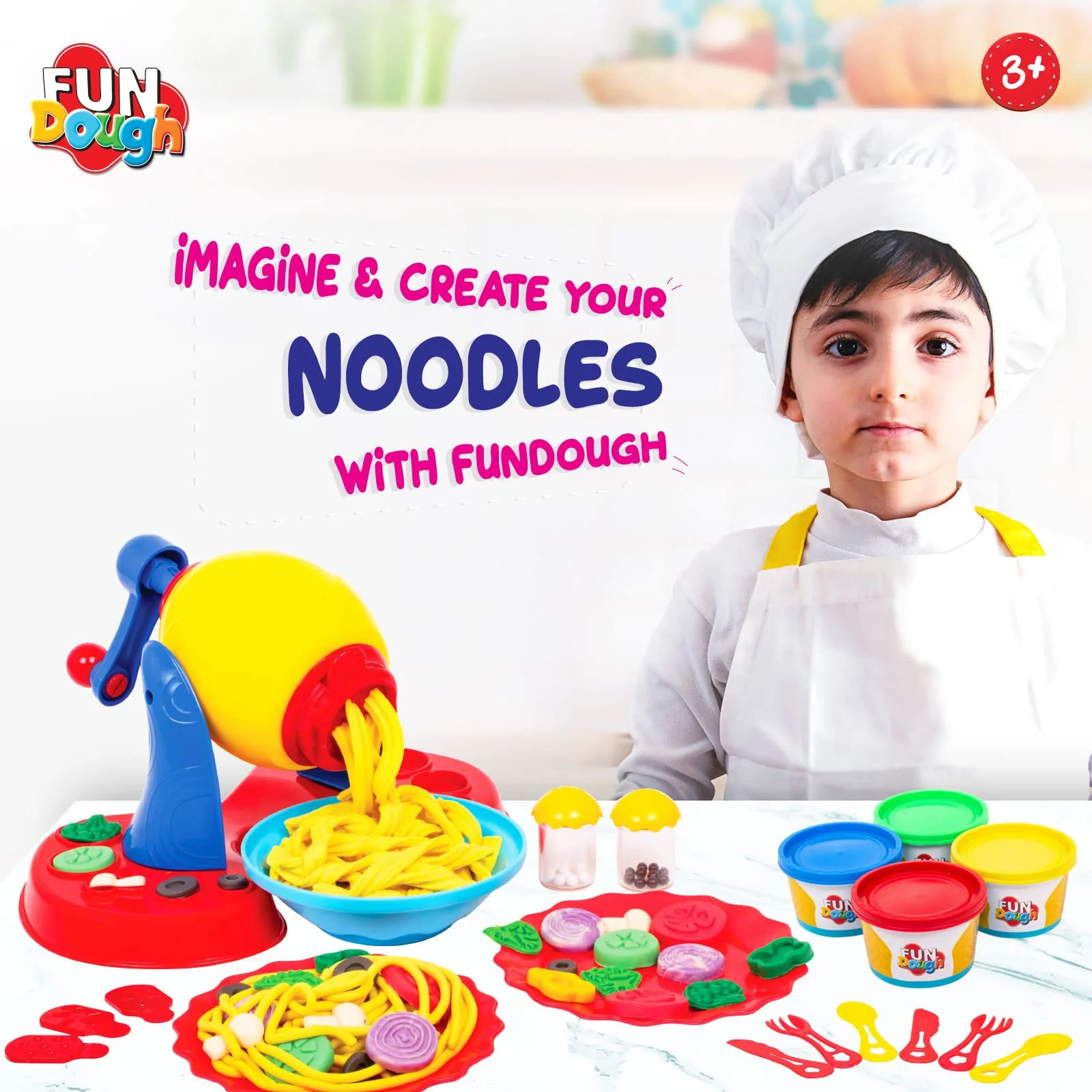 Fundough Funskool Noodle Party Play Set 5 Colorful Dough Tubs of 75g Each - Image 4