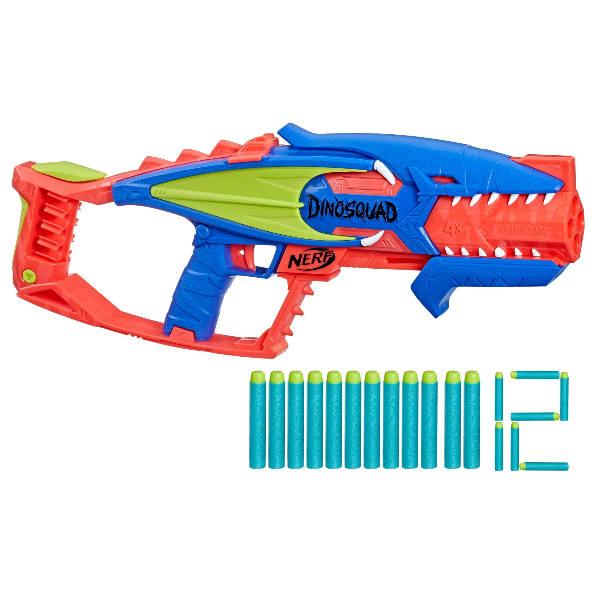 Hasbro Nerf Dinosquad Terrodak 4 Dart Blasting Dart Storage 12 Nerf Elite Darts Dinosaur Design Toy Foam Nerf Blaster for Kids Outdoor Games