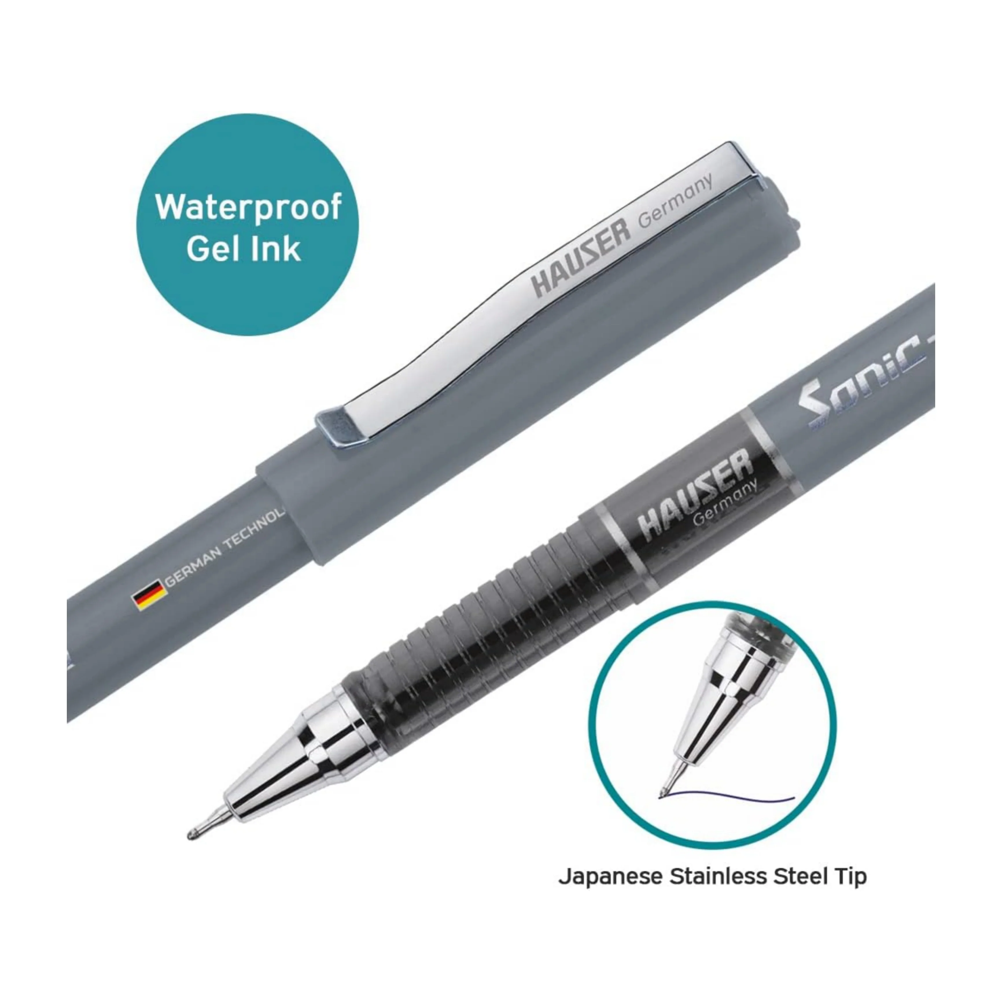 Hauser Sonic 0.55mm Gel Pen Box Pack | Attractive Foiled Body | Stylish Metal Clip | Refillable & Waterproof Gel Ink | German Technology For Smooth & Effortless Writing | Black Ink Set of 10 Gel Pens - Image 3