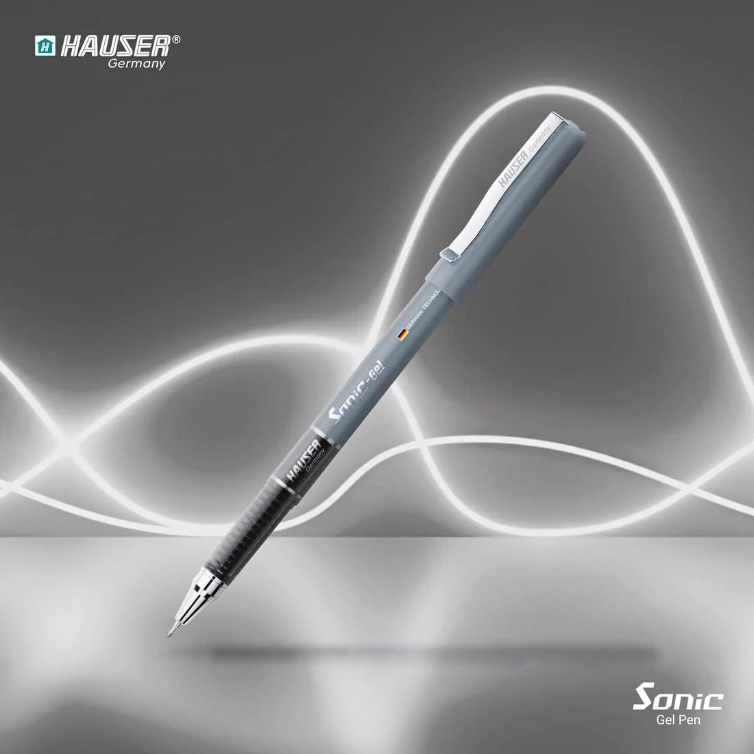 Hauser Sonic 0.55mm Gel Pen Box Pack | Attractive Foiled Body | Stylish Metal Clip | Refillable & Waterproof Gel Ink | German Technology For Smooth & Effortless Writing | Black Ink Set of 10 Gel Pens - Image 4