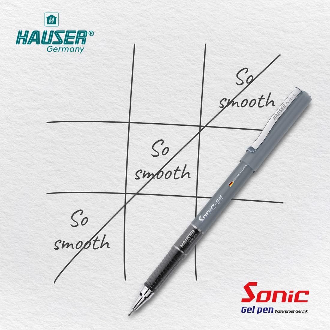 Hauser Sonic 0.55mm Gel Pen Box Pack | Attractive Foiled Body | Stylish Metal Clip | Refillable & Waterproof Gel Ink | German Technology For Smooth & Effortless Writing | Black Ink Set of 10 Gel Pens - Image 5