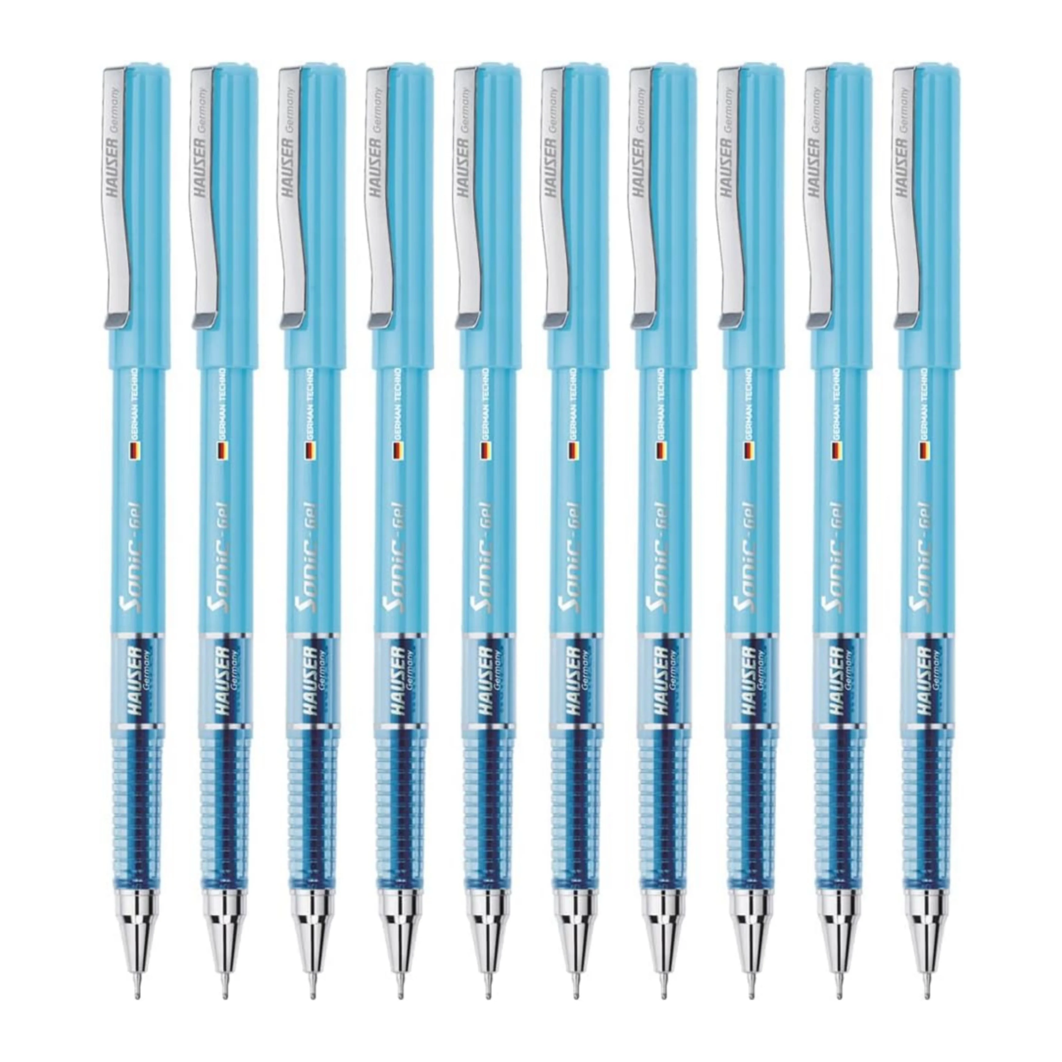 Hauser Sonic 0.55mm Gel Pen Box Pack | Attractive Foiled Body | Stylish Metal Clip | Refillable & Waterproof Gel Ink | German Technology For Smooth & Effortless Writing | Blue Ink Set of 10 Gel Pens
