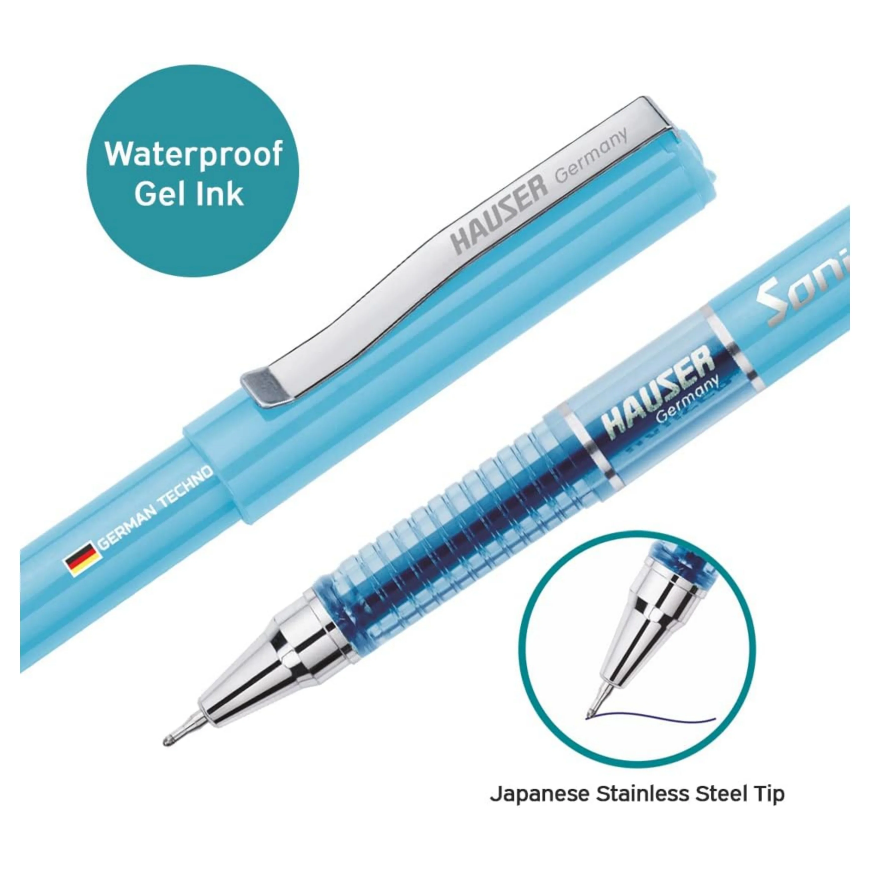 Hauser Sonic 0.55mm Gel Pen Box Pack | Attractive Foiled Body | Stylish Metal Clip | Refillable & Waterproof Gel Ink | German Technology For Smooth & Effortless Writing | Blue Ink Set of 10 Gel Pens - Image 3