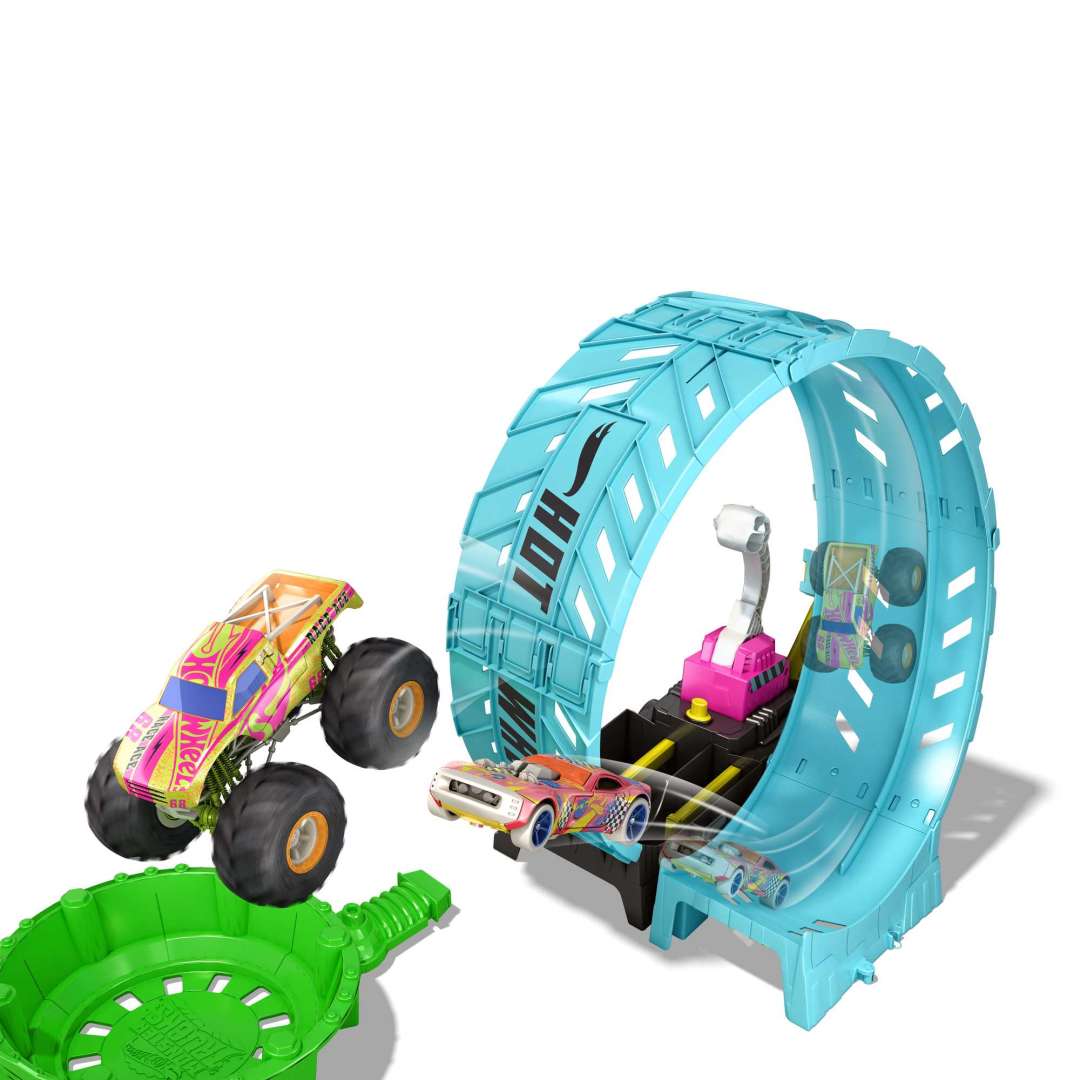 Hot Wheels® Monster Trucks Glow in The Dark Epic Loop Challenge™ Playset with Launcher, Ramp & Giant Loop, Includes 1 1:64 Scale Die-Cast Truck & 1 Car Toy Gift for Kids - Image 4