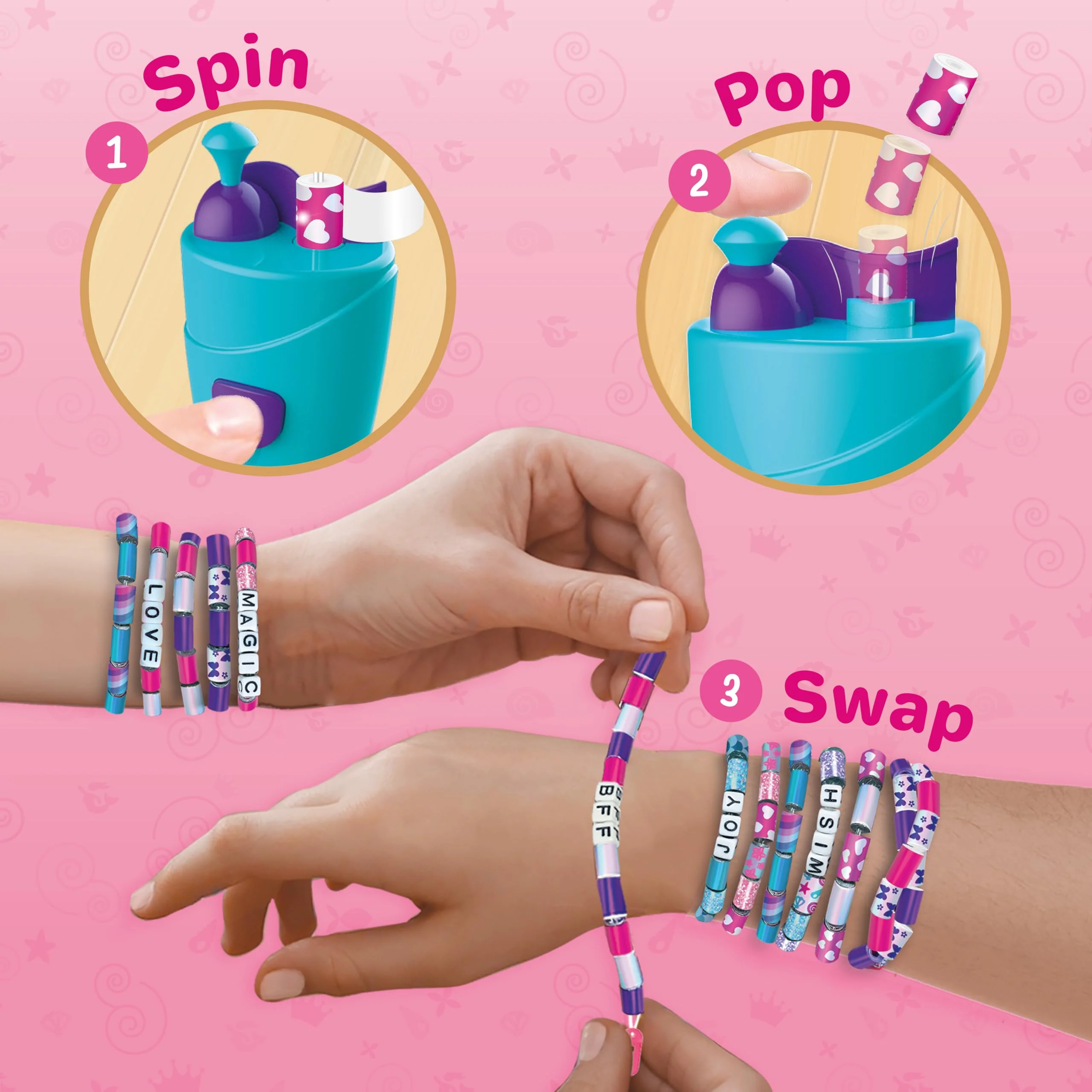 Imagimake Spin n Pop DIY Bracelet Making Kit Electric Bracelet Maker for Kids 8-12 Create 10 Unique Bracelets with Shiny Foil Beads, Alphabet Beads & Clasps for Girls & Teens - Image 3