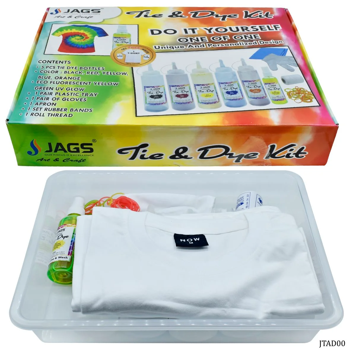 Jags Tie And Dye Kit (Pack Of 5 Colors) 1 Eco Fluorescent Yellow Green UV Glow 100 Ml - 1 T-Shirt & 2 Mask Free - Image 2