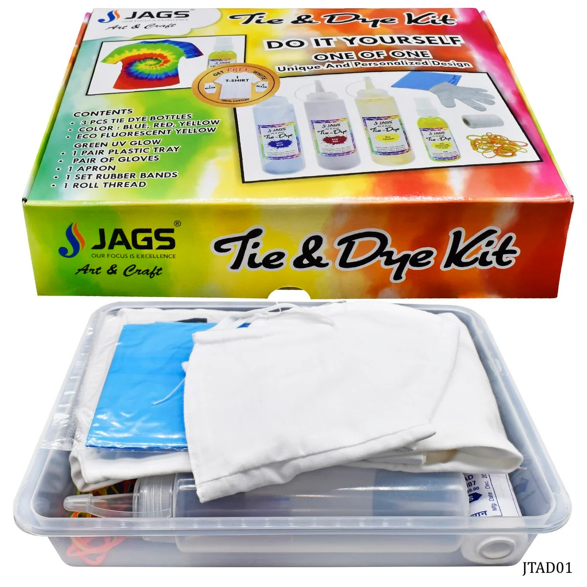 Jags Tie & Dye Kit (Pack of 3 Colors) 1 Eco Fluorescent Yellow Green UV Glow - 50 ml - 2 Mask and 1 T shirt Free - Image 2