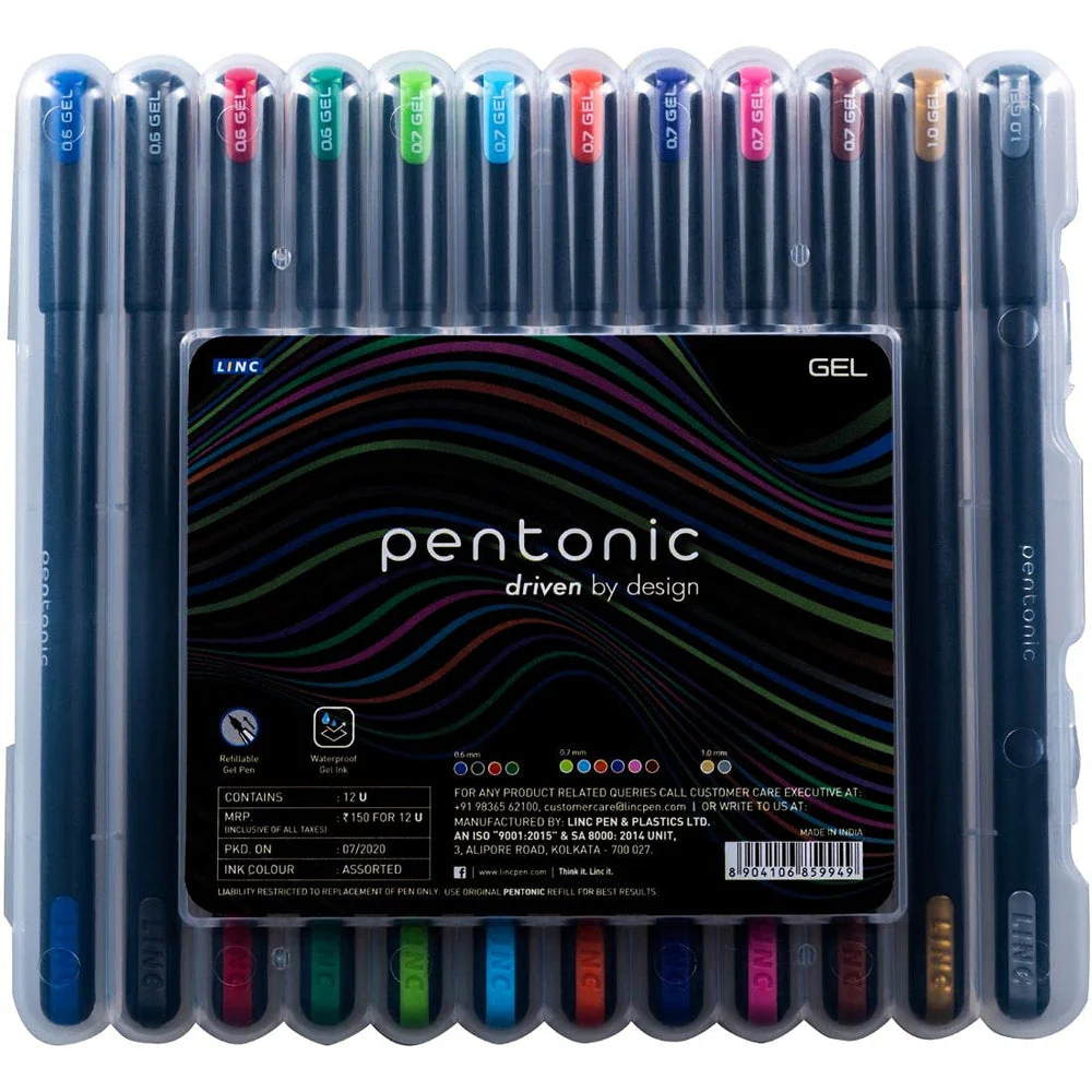 LINC Pentonic Multicolor Gel Pen With Hard Box Case | 0.6 mm-1.0 mm | Sleek Matt Finish, Featherlite feel | Waterproof Gel Ink, Ultra- Low Viscosity Ink | Black Body 12 Pcs Set - Image 4