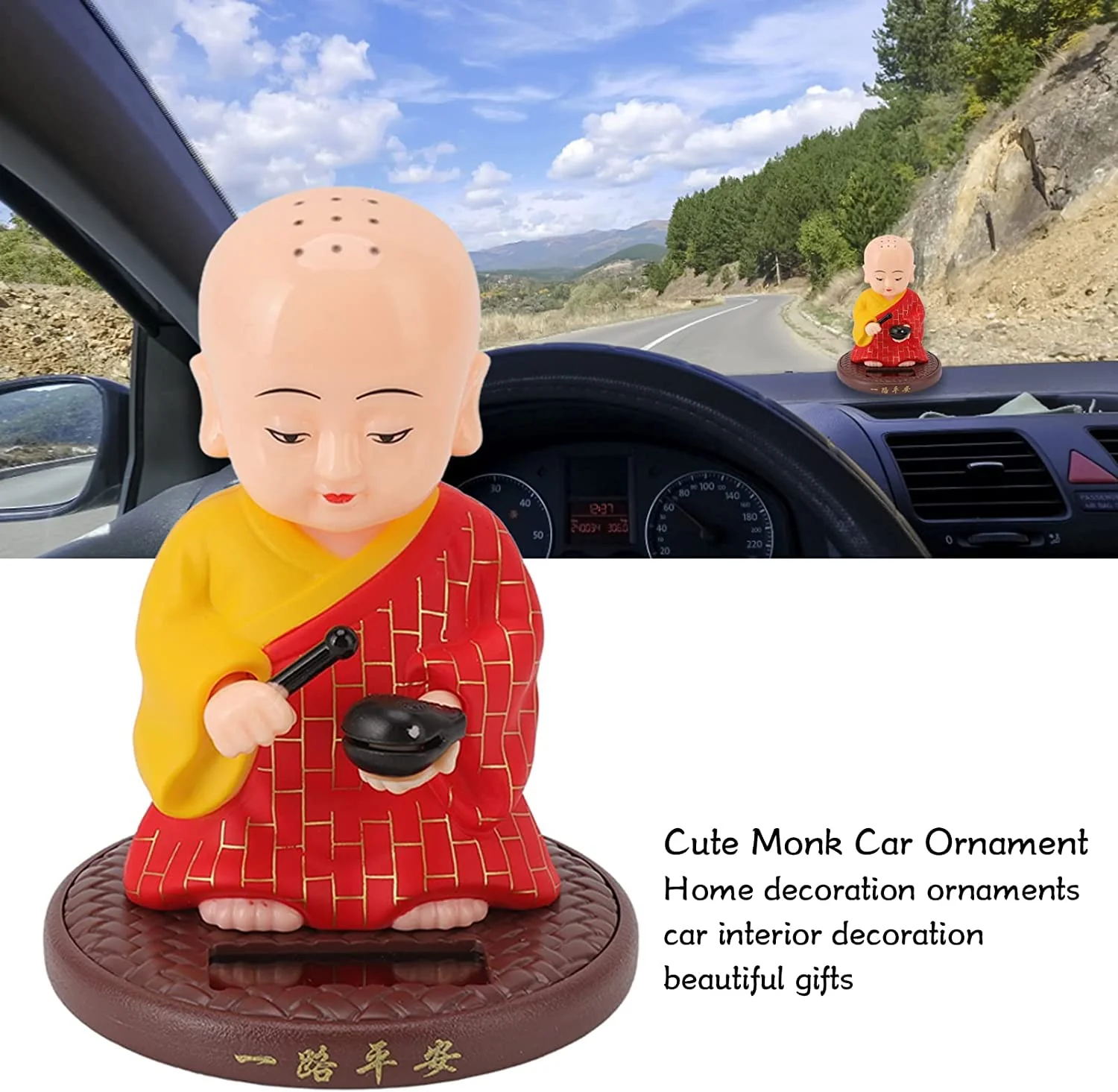 Little Monk Figurine, Solar Chinese Little Buddha Monk Statue, Bring Good Fortune Decoration Ornament, Funny Car Shaking Head Toy, Solar Power Nodding Head Dancing Toy - Image 4