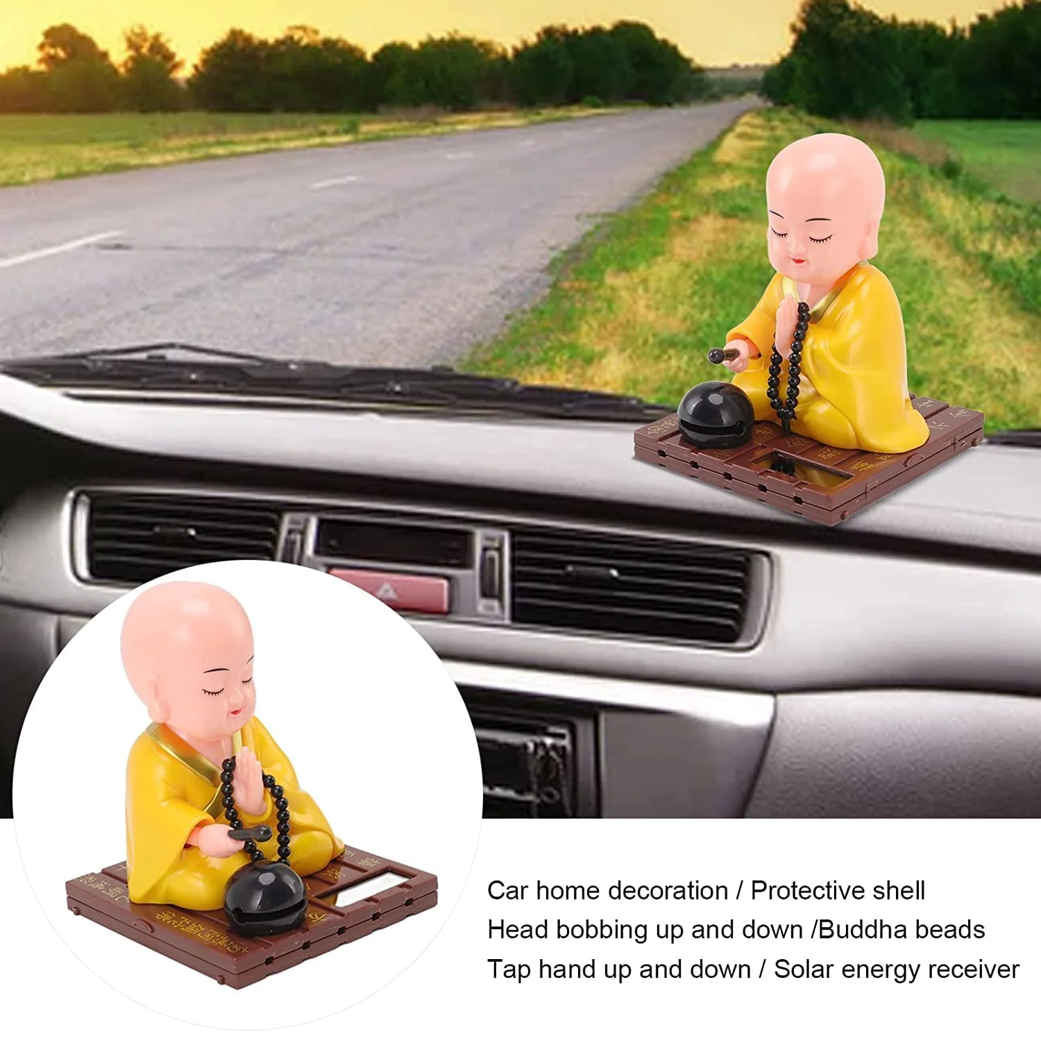 Little Monk Figurine, Solar Chinese Little Buddha Monk Statue, Bring Good Fortune Decoration Ornament, Funny Car Shaking Head Toy, Solar Power Nodding Head Dancing Toy - Image 4