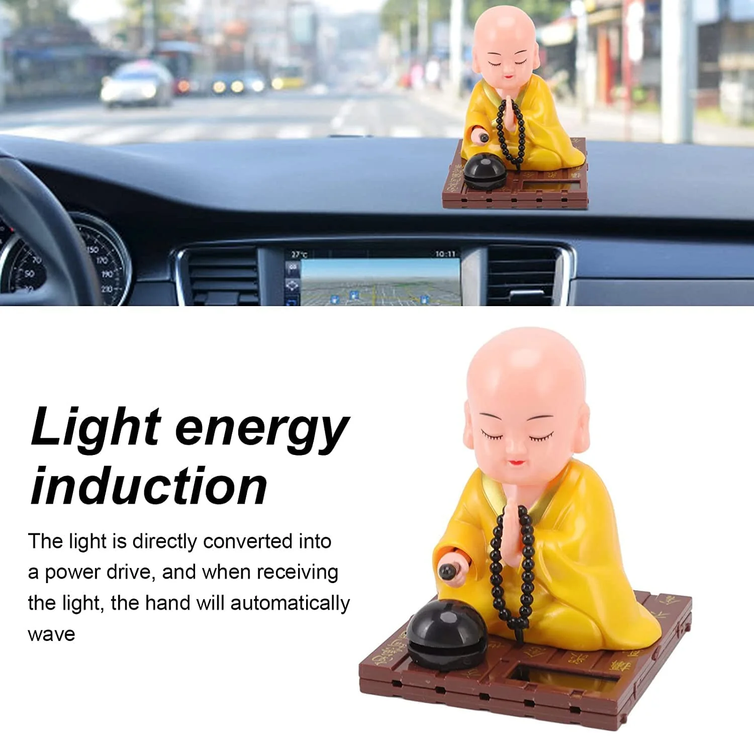 Little Monk Figurine, Solar Chinese Little Buddha Monk Statue, Bring Good Fortune Decoration Ornament, Funny Car Shaking Head Toy, Solar Power Nodding Head Dancing Toy - Image 5