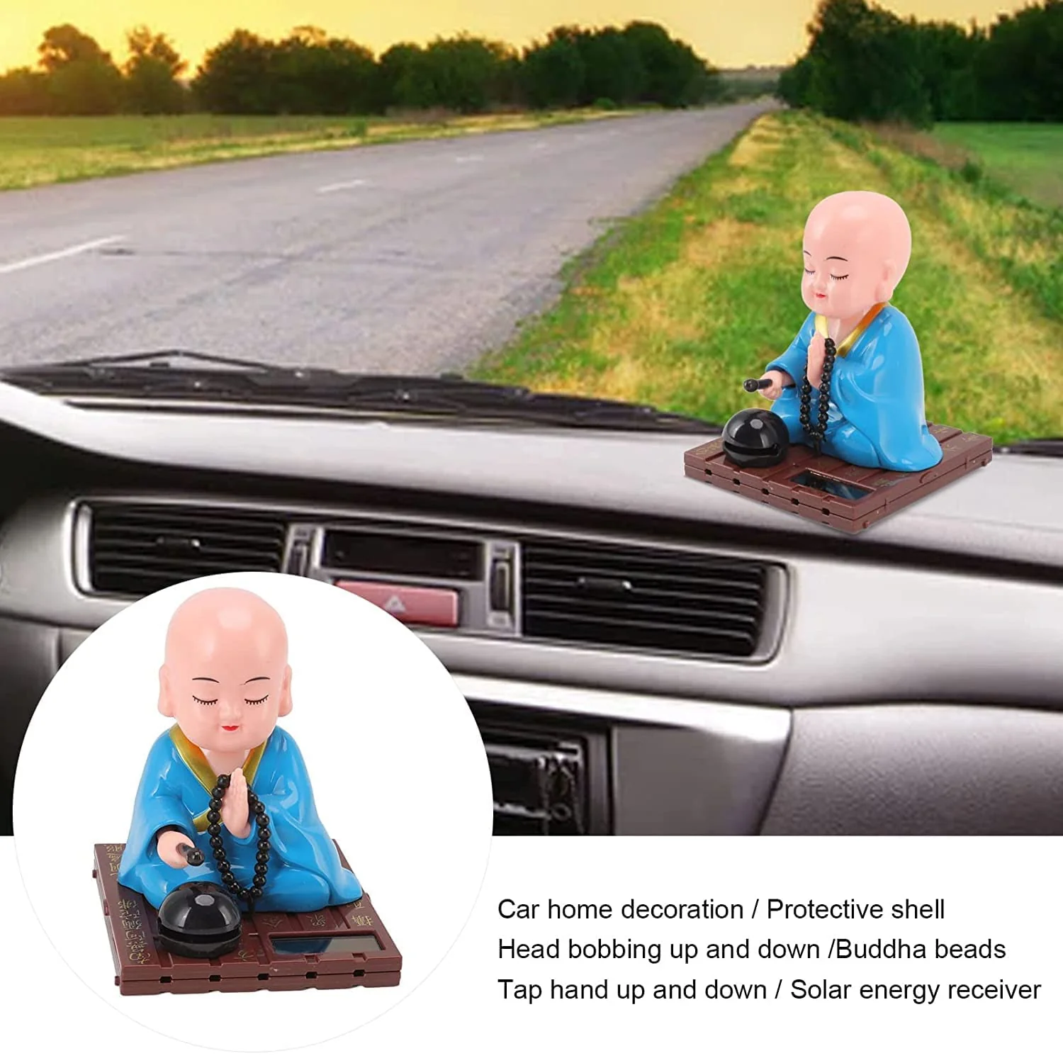 Little Monk Figurine, Solar Chinese Little Buddha Monk Statue, Bring Good Fortune Decoration Ornament, Funny Car Shaking Head Toy, Solar Power Nodding Head Dancing Toy - Image 3