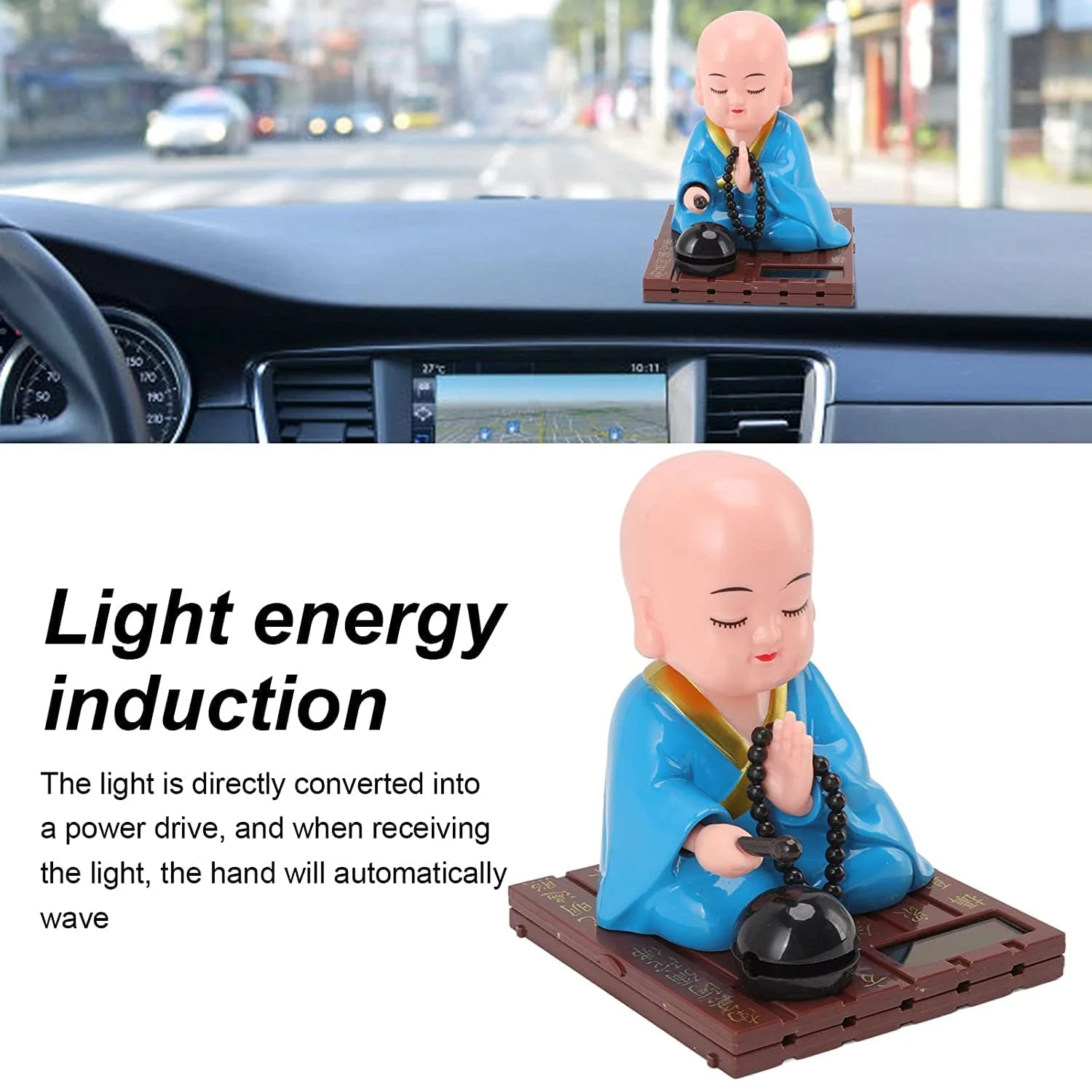 Little Monk Figurine, Solar Chinese Little Buddha Monk Statue, Bring Good Fortune Decoration Ornament, Funny Car Shaking Head Toy, Solar Power Nodding Head Dancing Toy - Image 5