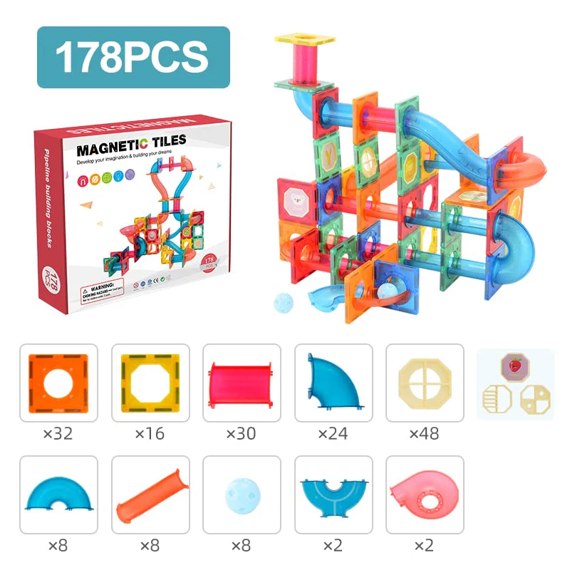 Magnetic Tiles Marble Run Building Blocks 178 Pcs for Kids 2D and 3D STEM Building Toys Race Track Toy Construction Kit Castle - Image 2
