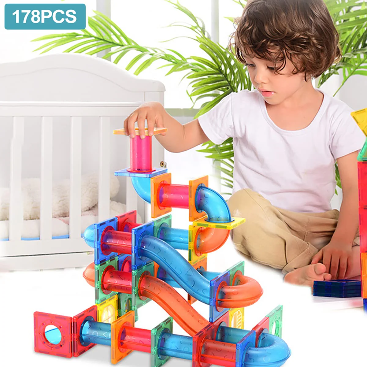 Magnetic Tiles Marble Run Building Blocks 178 Pcs for Kids 2D and 3D STEM Building Toys Race Track Toy Construction Kit Castle - Image 4