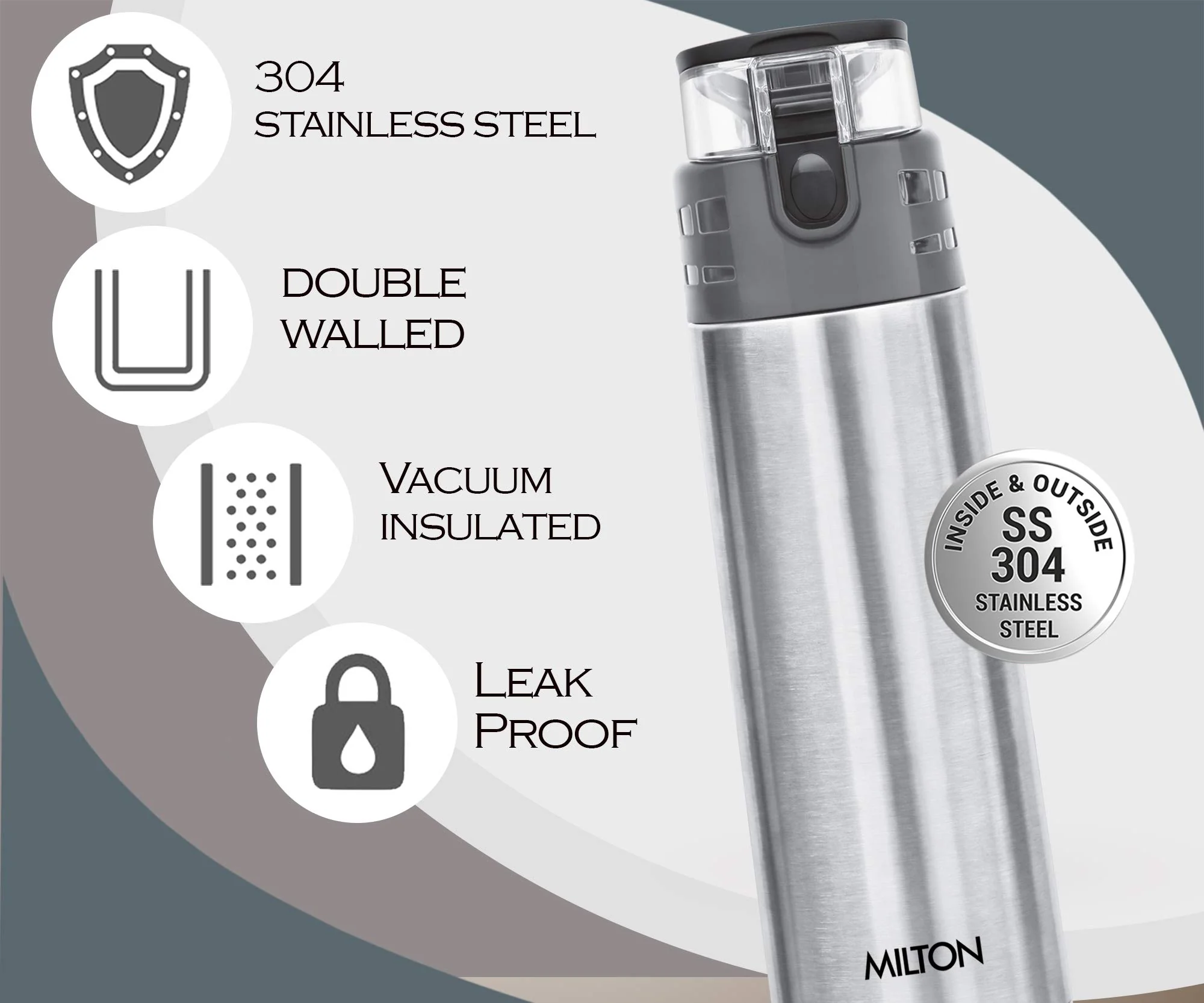 Milton Atlantis 400 Thermosteel Hot and Cold Water Bottle, 1 Piece, 350 ml, Silver | Leak Proof | Easy to Carry | Office Bottle | Hiking | Trekking | Travel Bottle | Gym | Home | Kitchen Bottle - Image 3