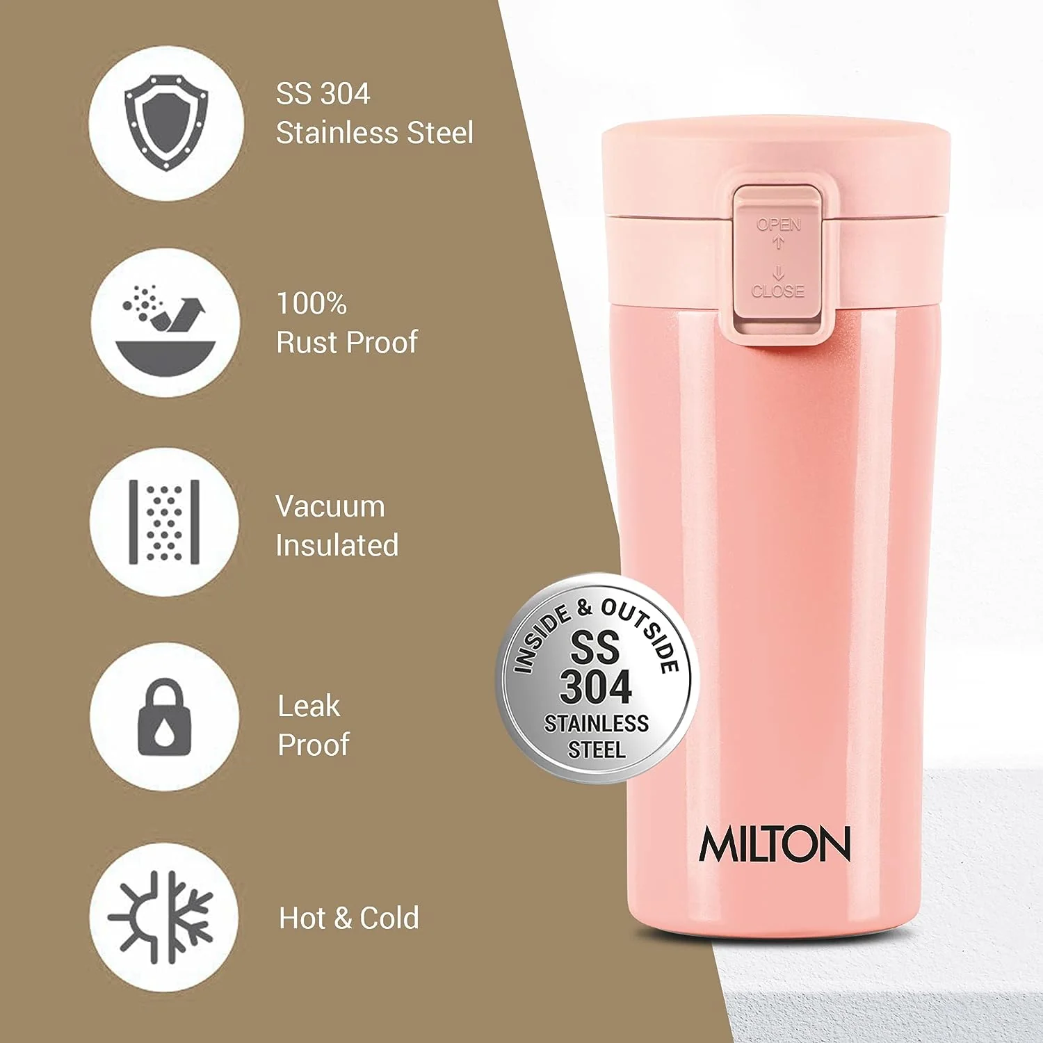 Milton Coffee Mug Thermosteel Hot or Cold Insulated Flask, 300 ml, Peach | Leak Proof | Rust Proof | Tea Mug | Soup Flask | Juice Mug | Water Flask | Easy Grip | Easy to Carry - Image 18