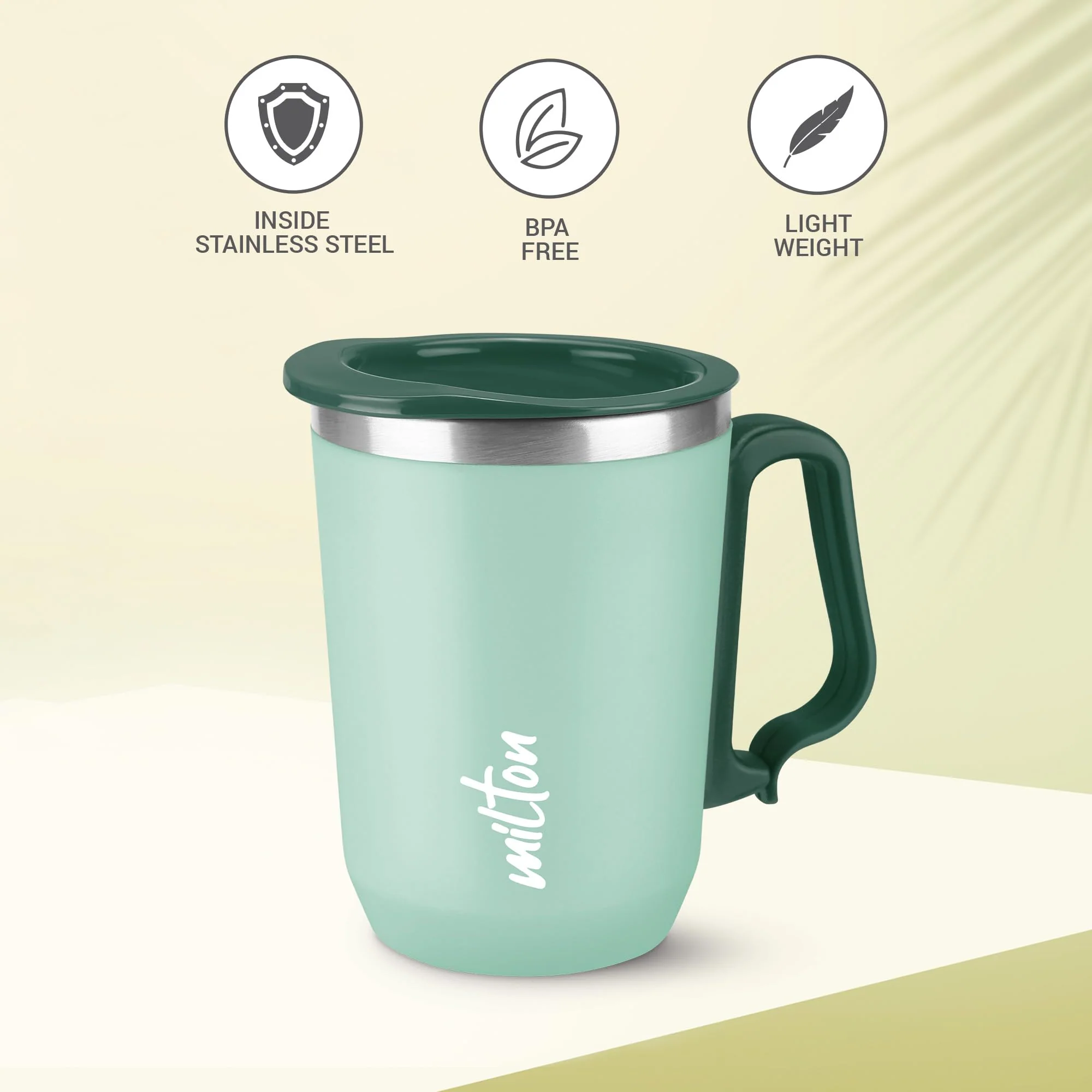 Milton Cool Touch Coastal 350 Stainless Steel Mug with Lid, 300 ml, Aqua Green, Wide Mouth for Easy Cleaning, Sturdy Handle, Hot and Cold Beverages, Flap Lid, Microwave Safe, Light Weight, BPA Free - Image 2