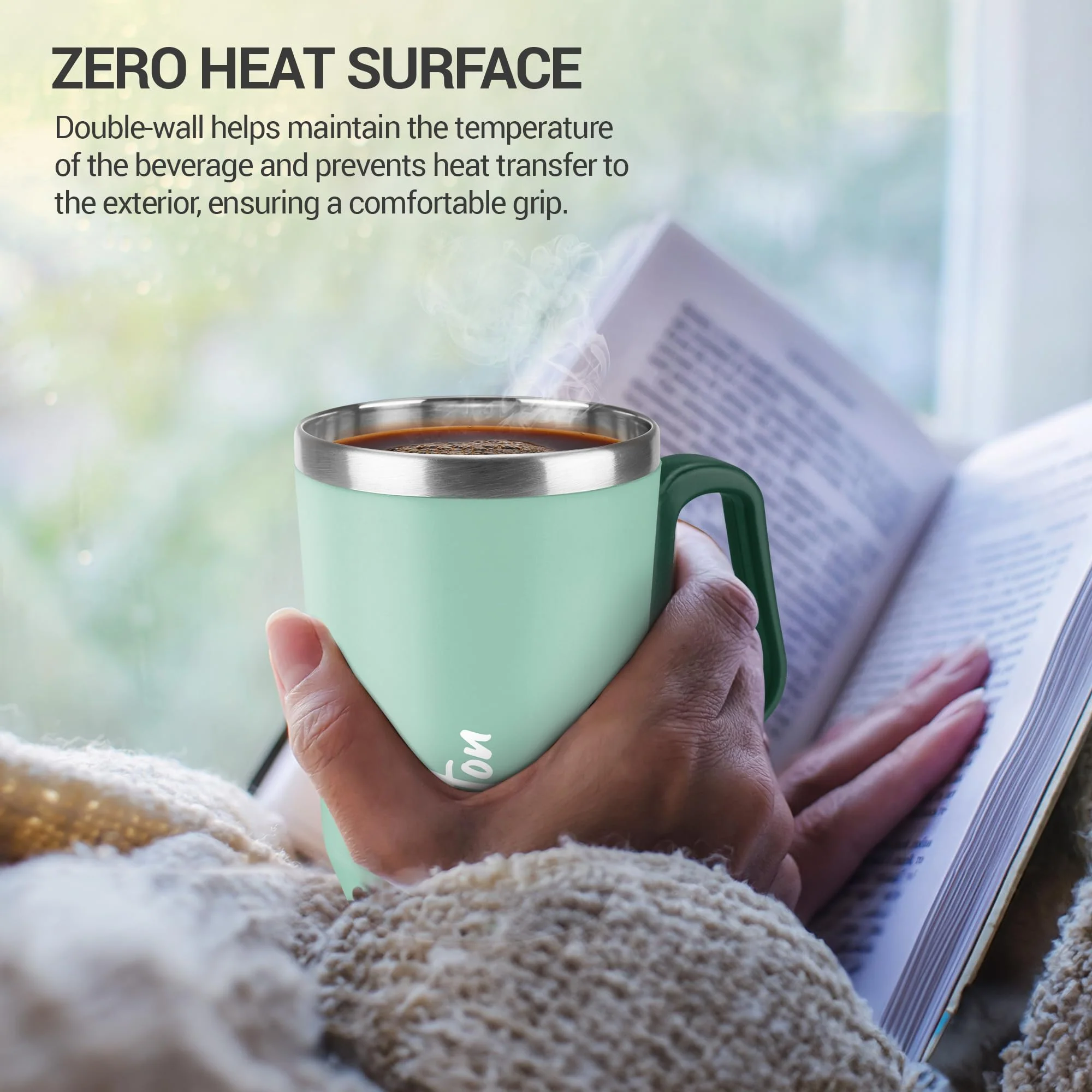 Milton Cool Touch Coastal 350 Stainless Steel Mug with Lid, 300 ml, Aqua Green, Wide Mouth for Easy Cleaning, Sturdy Handle, Hot and Cold Beverages, Flap Lid, Microwave Safe, Light Weight, BPA Free - Image 3