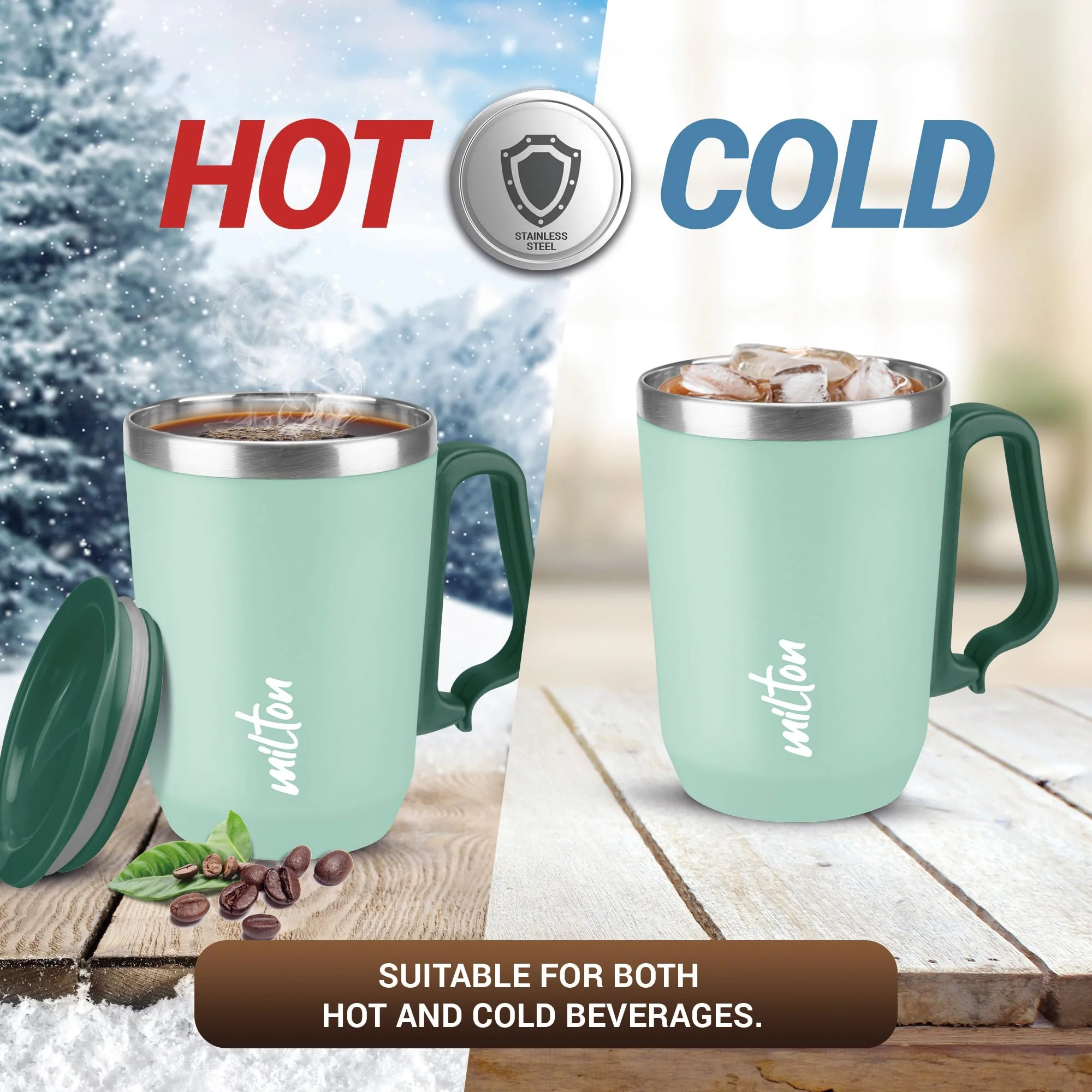Milton Cool Touch Coastal 350 Stainless Steel Mug with Lid, 300 ml, Aqua Green, Wide Mouth for Easy Cleaning, Sturdy Handle, Hot and Cold Beverages, Flap Lid, Microwave Safe, Light Weight, BPA Free - Image 4