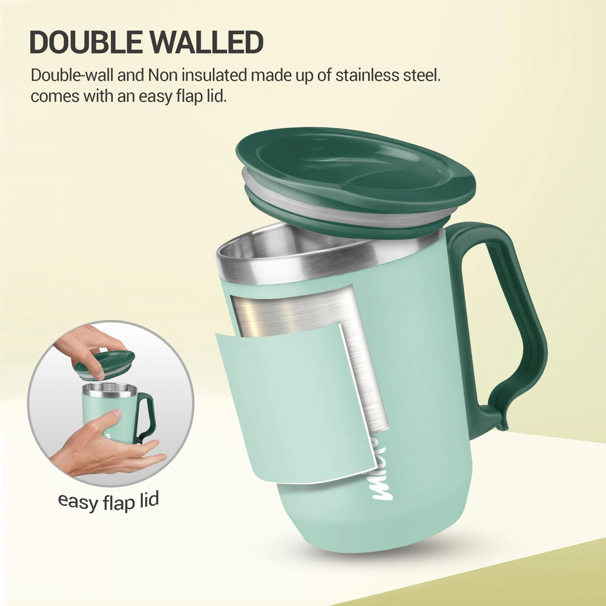 Milton Cool Touch Coastal 350 Stainless Steel Mug with Lid, 300 ml, Aqua Green, Wide Mouth for Easy Cleaning, Sturdy Handle, Hot and Cold Beverages, Flap Lid, Microwave Safe, Light Weight, BPA Free - Image 5