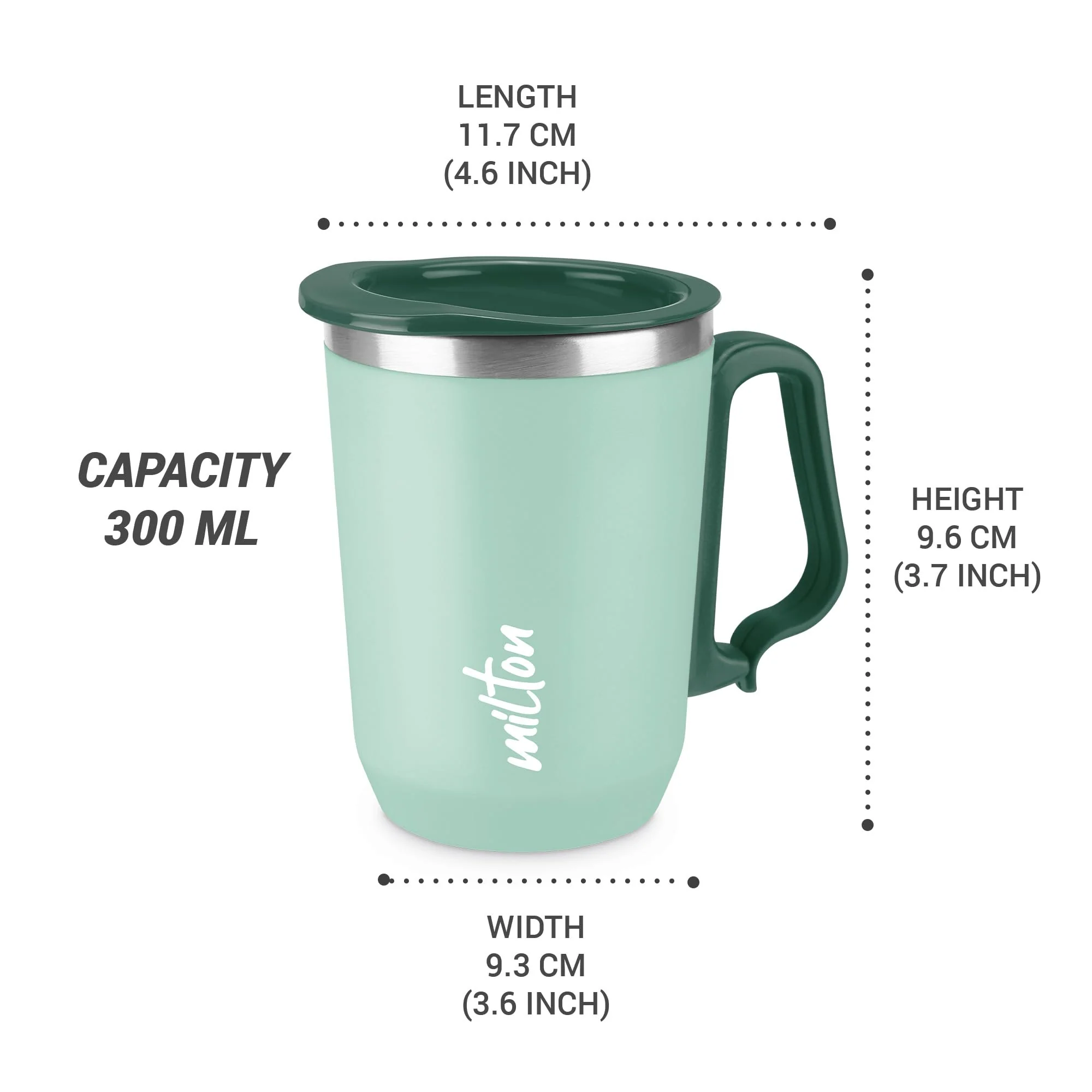 Milton Cool Touch Coastal 350 Stainless Steel Mug with Lid, 300 ml, Aqua Green, Wide Mouth for Easy Cleaning, Sturdy Handle, Hot and Cold Beverages, Flap Lid, Microwave Safe, Light Weight, BPA Free - Image 6