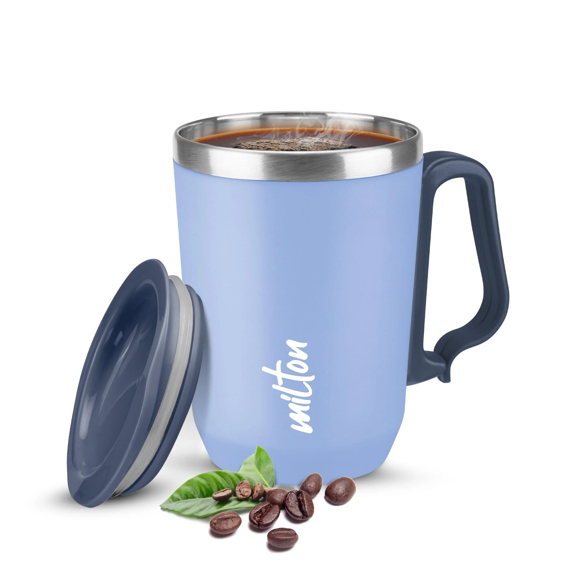 Milton Cool Touch Coastal 350 Stainless Steel Mug with Lid, 300 ml, Blue, Wide Mouth for Easy Cleaning, Sturdy Handle, Hot and Cold Beverages, Flap Lid, Microwave Safe, Light Weight, BPA Free