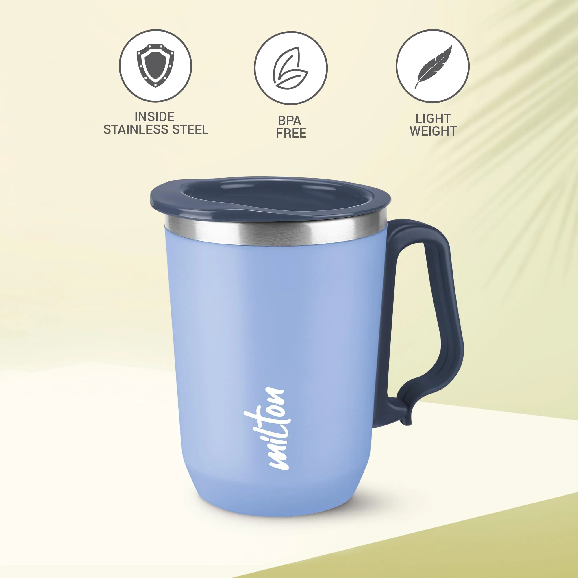 Milton Cool Touch Coastal 350 Stainless Steel Mug with Lid, 300 ml, Blue, Wide Mouth for Easy Cleaning, Sturdy Handle, Hot and Cold Beverages, Flap Lid, Microwave Safe, Light Weight, BPA Free - Image 2