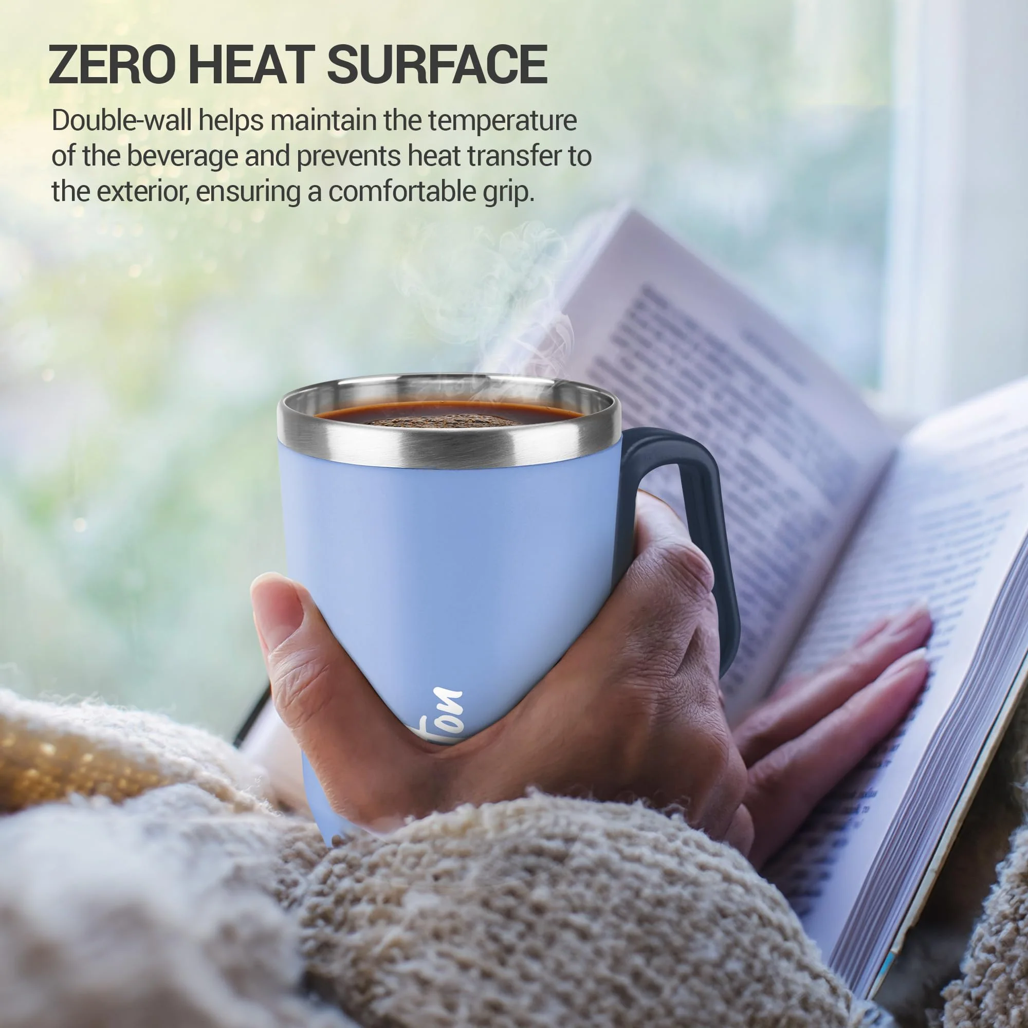 Milton Cool Touch Coastal 350 Stainless Steel Mug with Lid, 300 ml, Blue, Wide Mouth for Easy Cleaning, Sturdy Handle, Hot and Cold Beverages, Flap Lid, Microwave Safe, Light Weight, BPA Free - Image 3