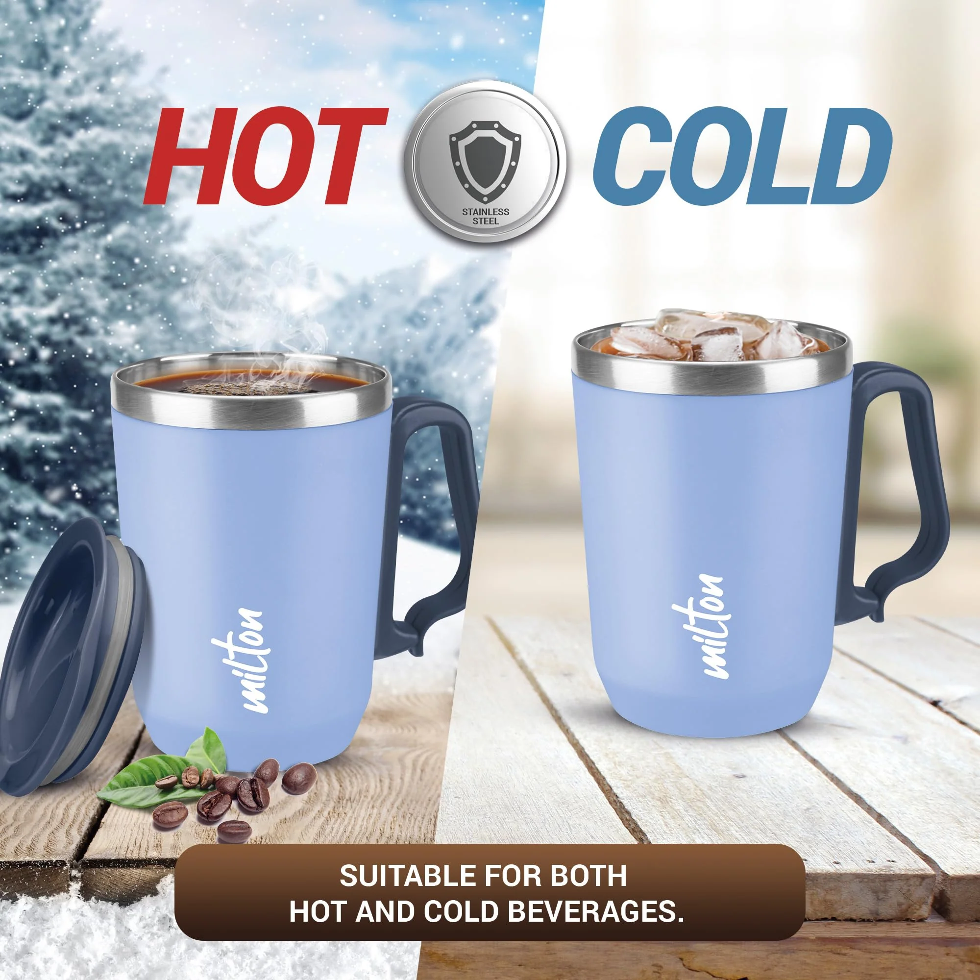 Milton Cool Touch Coastal 350 Stainless Steel Mug with Lid, 300 ml, Blue, Wide Mouth for Easy Cleaning, Sturdy Handle, Hot and Cold Beverages, Flap Lid, Microwave Safe, Light Weight, BPA Free - Image 4