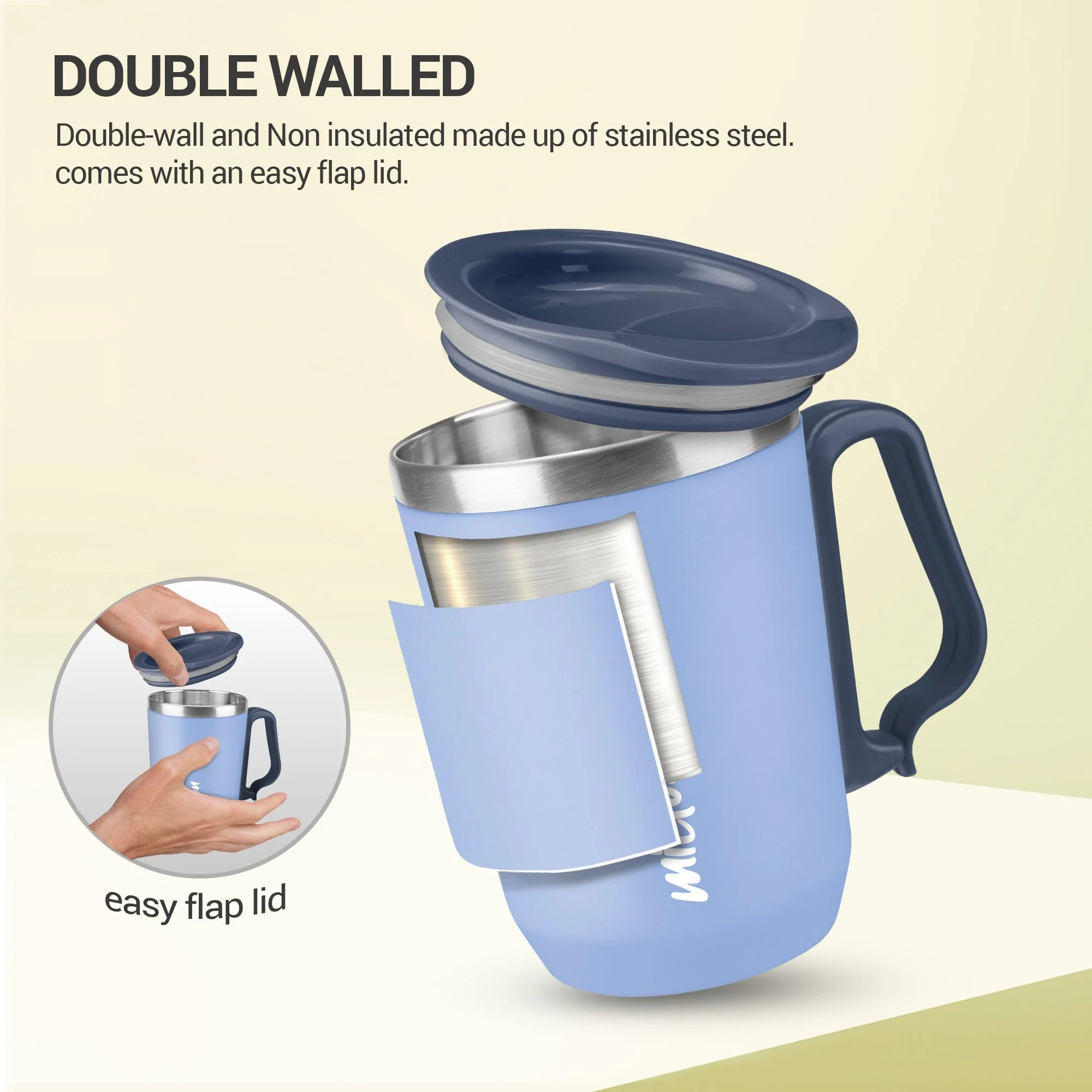 Milton Cool Touch Coastal 350 Stainless Steel Mug with Lid, 300 ml, Blue, Wide Mouth for Easy Cleaning, Sturdy Handle, Hot and Cold Beverages, Flap Lid, Microwave Safe, Light Weight, BPA Free - Image 5