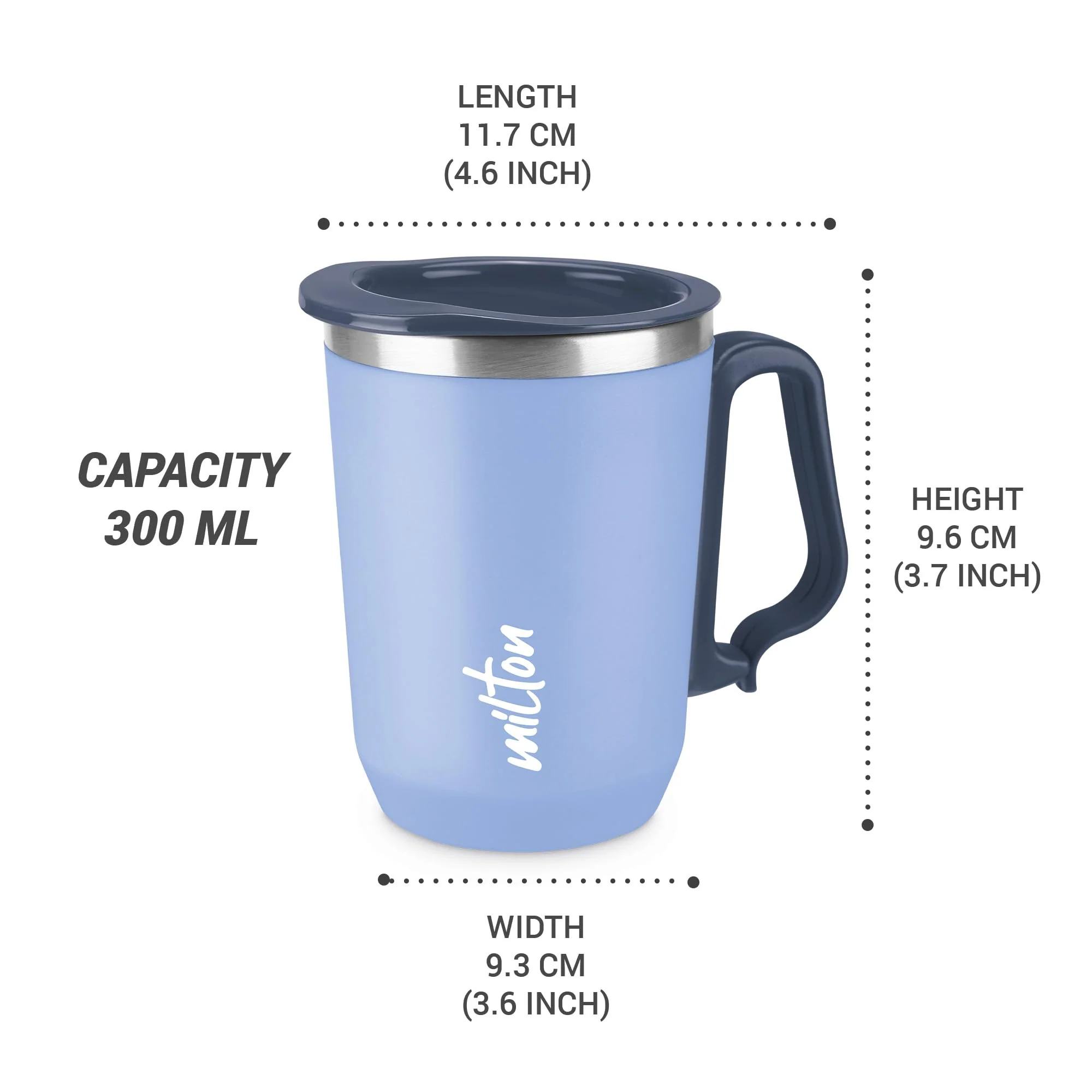 Milton Cool Touch Coastal 350 Stainless Steel Mug with Lid, 300 ml, Blue, Wide Mouth for Easy Cleaning, Sturdy Handle, Hot and Cold Beverages, Flap Lid, Microwave Safe, Light Weight, BPA Free - Image 6