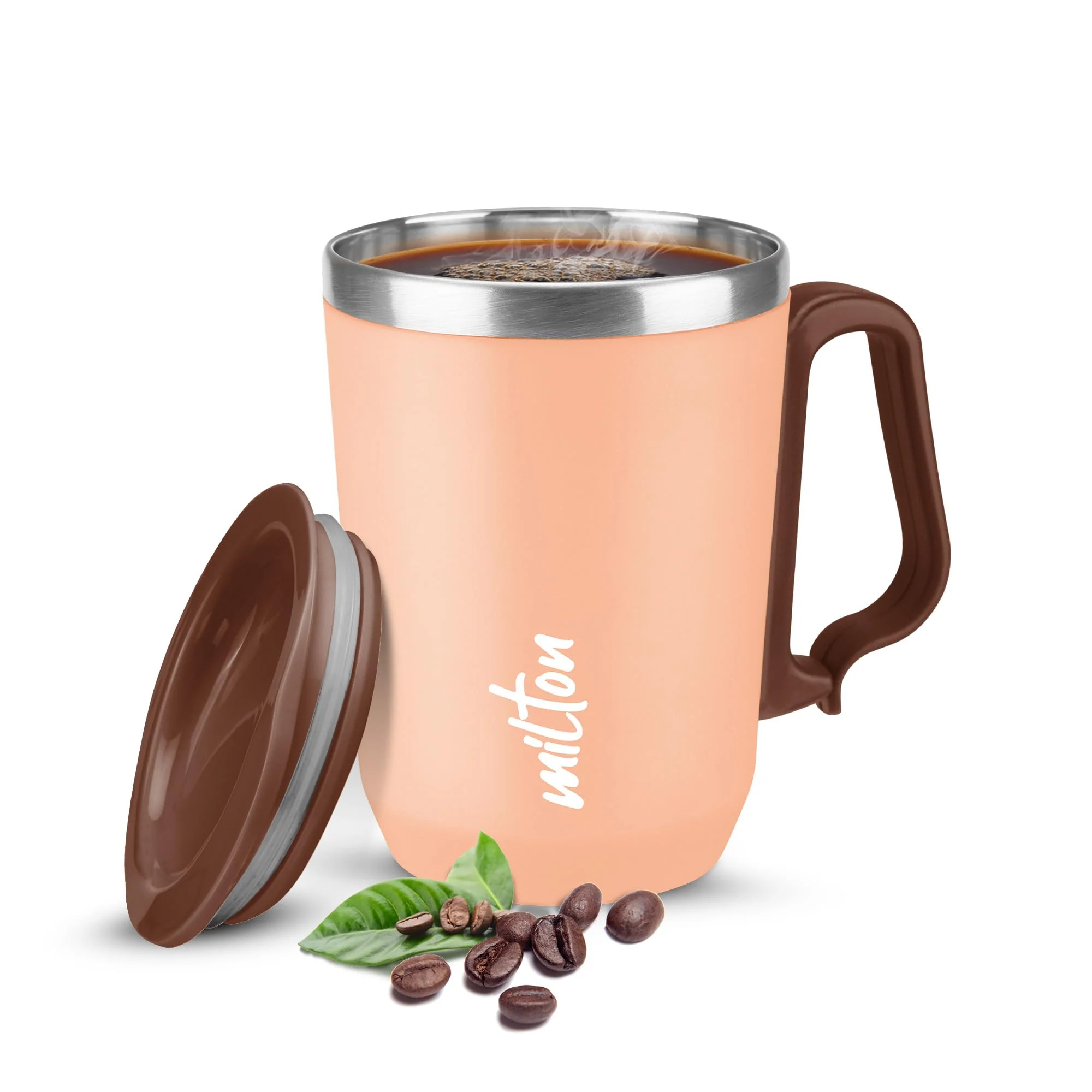 Milton Cool Touch Coastal 350 Stainless Steel Mug with Lid 300 ml Peach Wide Mouth for Easy Cleaning Sturdy Handle Hot and Cold Beverages Flap Lid Microwave Safe Light Weight BPA Free