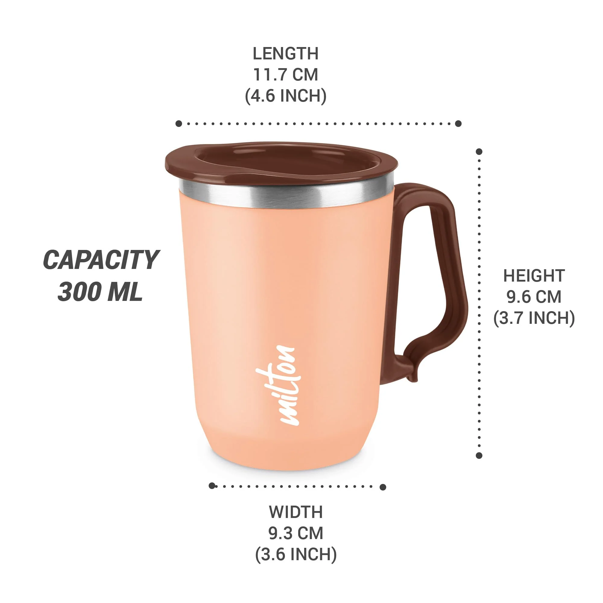 Milton Cool Touch Coastal 350 Stainless Steel Mug with Lid 300 ml Peach Wide Mouth for Easy Cleaning Sturdy Handle Hot and Cold Beverages Flap Lid Microwave Safe Light Weight BPA Free - Image 3
