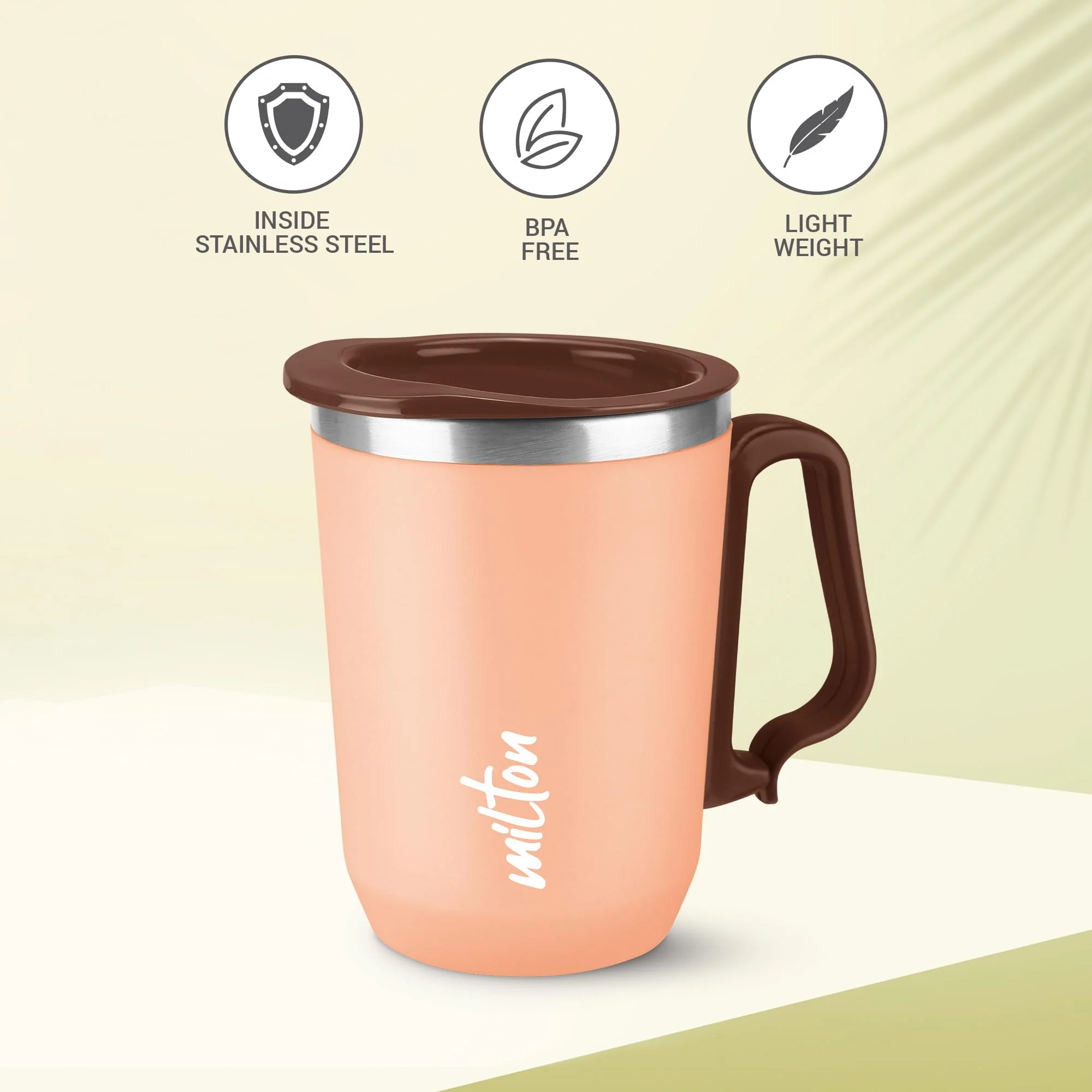 Milton Cool Touch Coastal 350 Stainless Steel Mug with Lid 300 ml Peach Wide Mouth for Easy Cleaning Sturdy Handle Hot and Cold Beverages Flap Lid Microwave Safe Light Weight BPA Free - Image 4