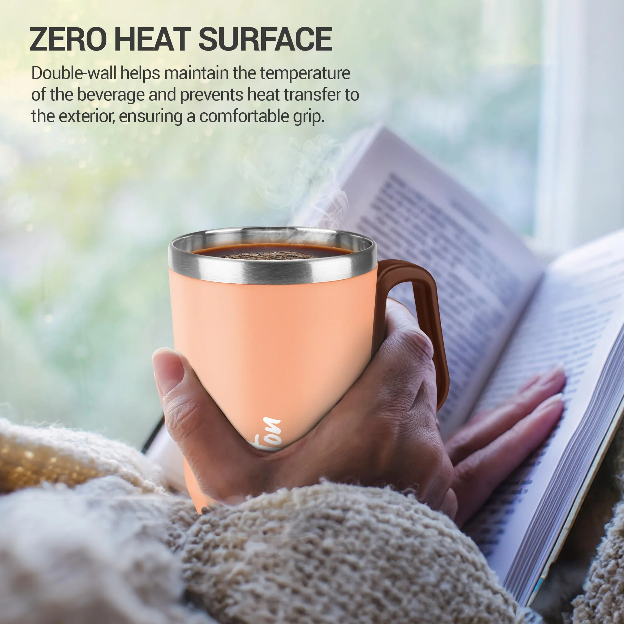 Milton Cool Touch Coastal 350 Stainless Steel Mug with Lid 300 ml Peach Wide Mouth for Easy Cleaning Sturdy Handle Hot and Cold Beverages Flap Lid Microwave Safe Light Weight BPA Free - Image 5