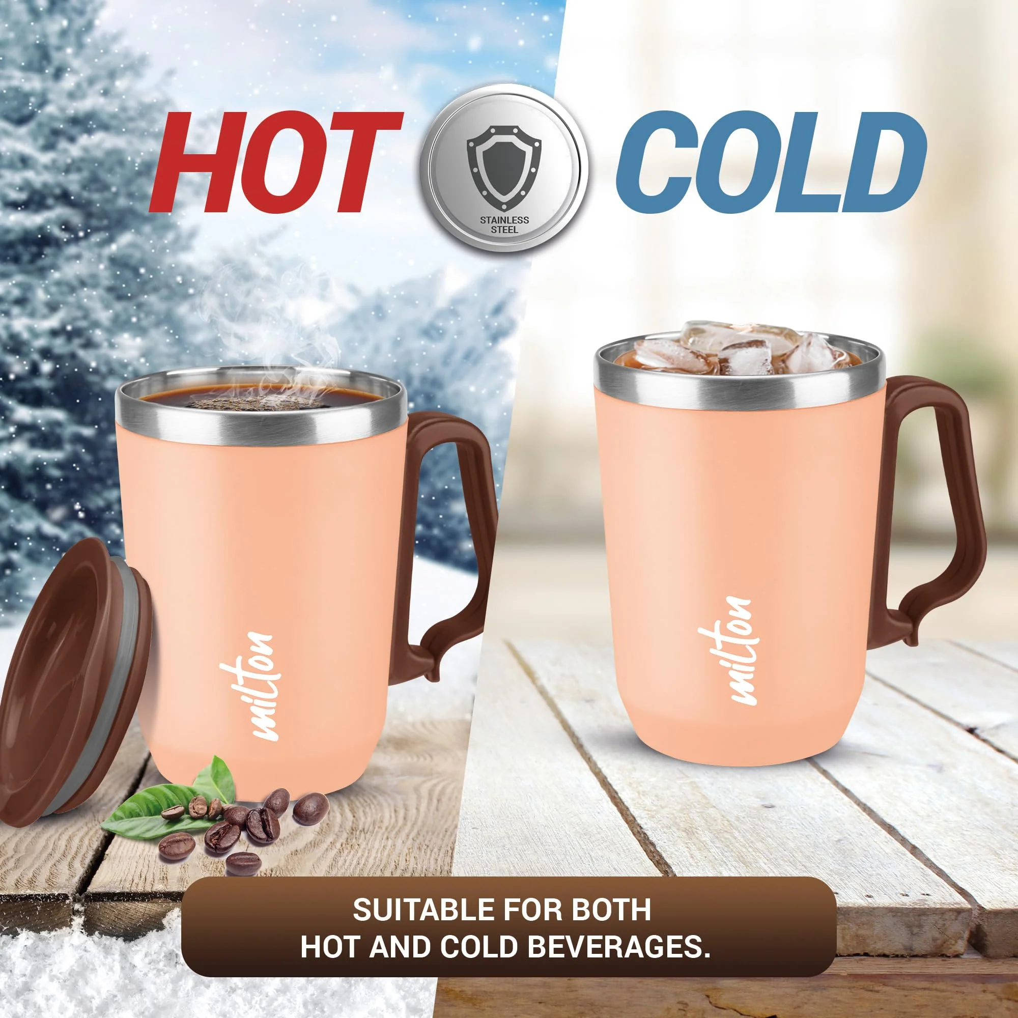 Milton Cool Touch Coastal 350 Stainless Steel Mug with Lid 300 ml Peach Wide Mouth for Easy Cleaning Sturdy Handle Hot and Cold Beverages Flap Lid Microwave Safe Light Weight BPA Free - Image 6