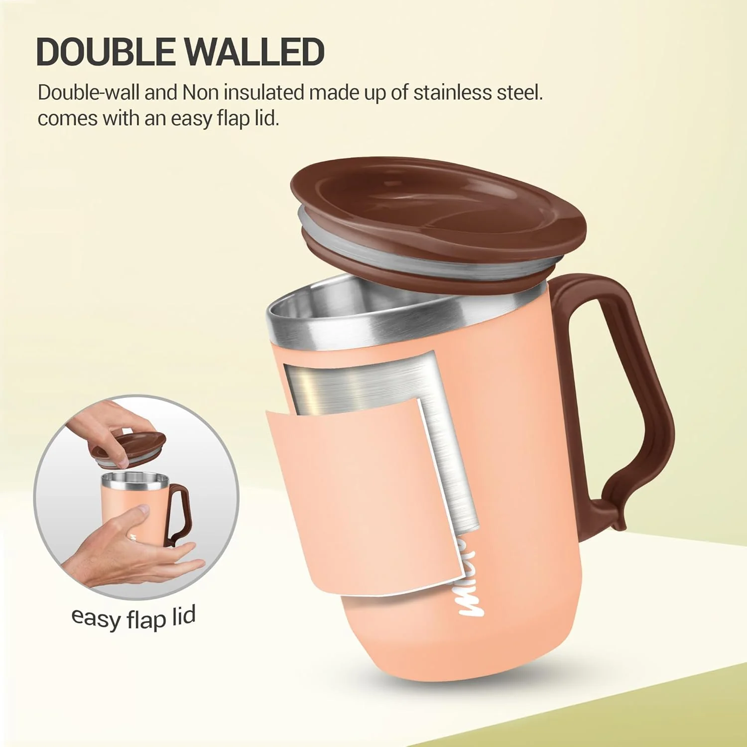 Milton Cool Touch Coastal 350 Stainless Steel Mug with Lid 300 ml Peach Wide Mouth for Easy Cleaning Sturdy Handle Hot and Cold Beverages Flap Lid Microwave Safe Light Weight BPA Free - Image 7