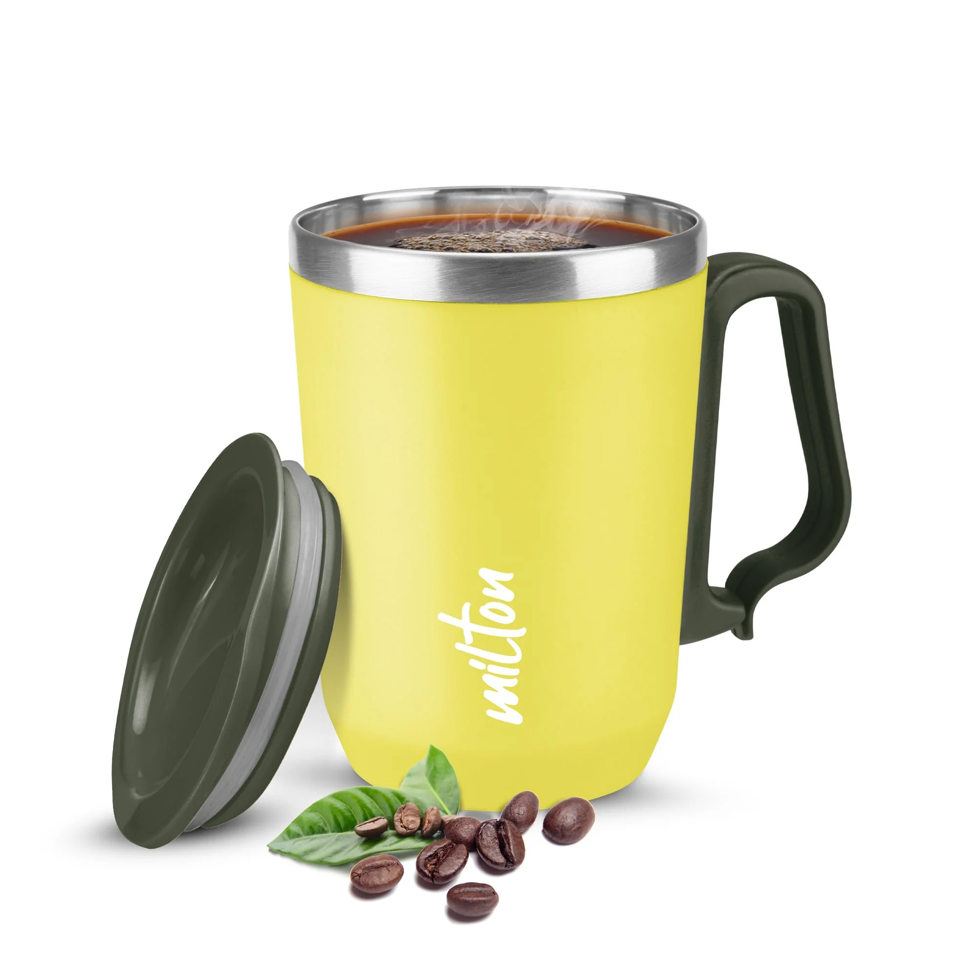 Milton Cool Touch Coastal 350 Stainless Steel Mug with Lid 300 ml Yellow Wide Mouth for Easy Cleaning Sturdy Handle Hot and Cold Beverages Flap Lid Microwave Safe Light Weight BPA Free