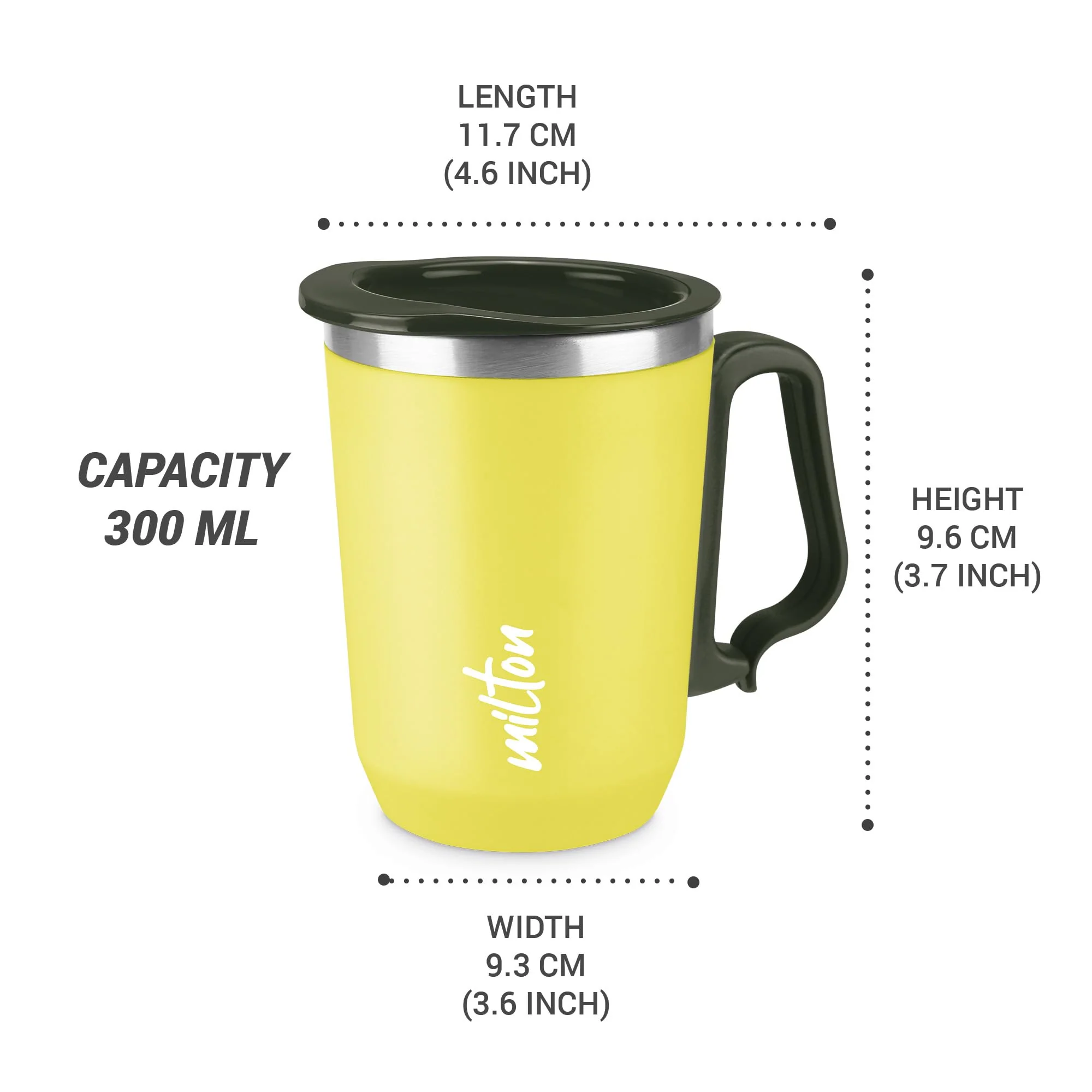 Milton Cool Touch Coastal 350 Stainless Steel Mug with Lid 300 ml Yellow Wide Mouth for Easy Cleaning Sturdy Handle Hot and Cold Beverages Flap Lid Microwave Safe Light Weight BPA Free - Image 3