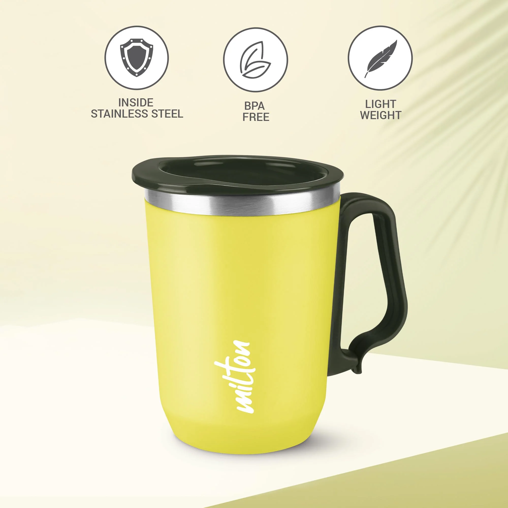 Milton Cool Touch Coastal 350 Stainless Steel Mug with Lid 300 ml Yellow Wide Mouth for Easy Cleaning Sturdy Handle Hot and Cold Beverages Flap Lid Microwave Safe Light Weight BPA Free - Image 4