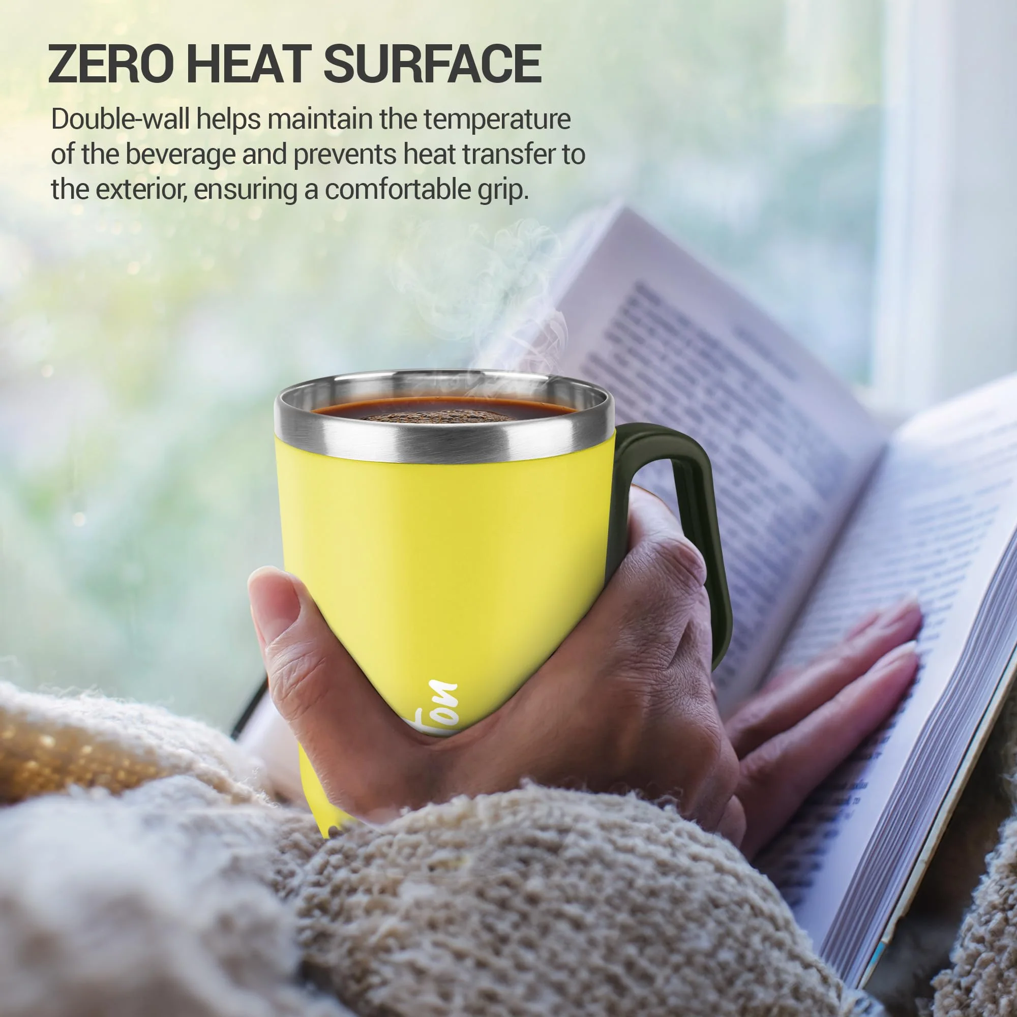 Milton Cool Touch Coastal 350 Stainless Steel Mug with Lid 300 ml Yellow Wide Mouth for Easy Cleaning Sturdy Handle Hot and Cold Beverages Flap Lid Microwave Safe Light Weight BPA Free - Image 5