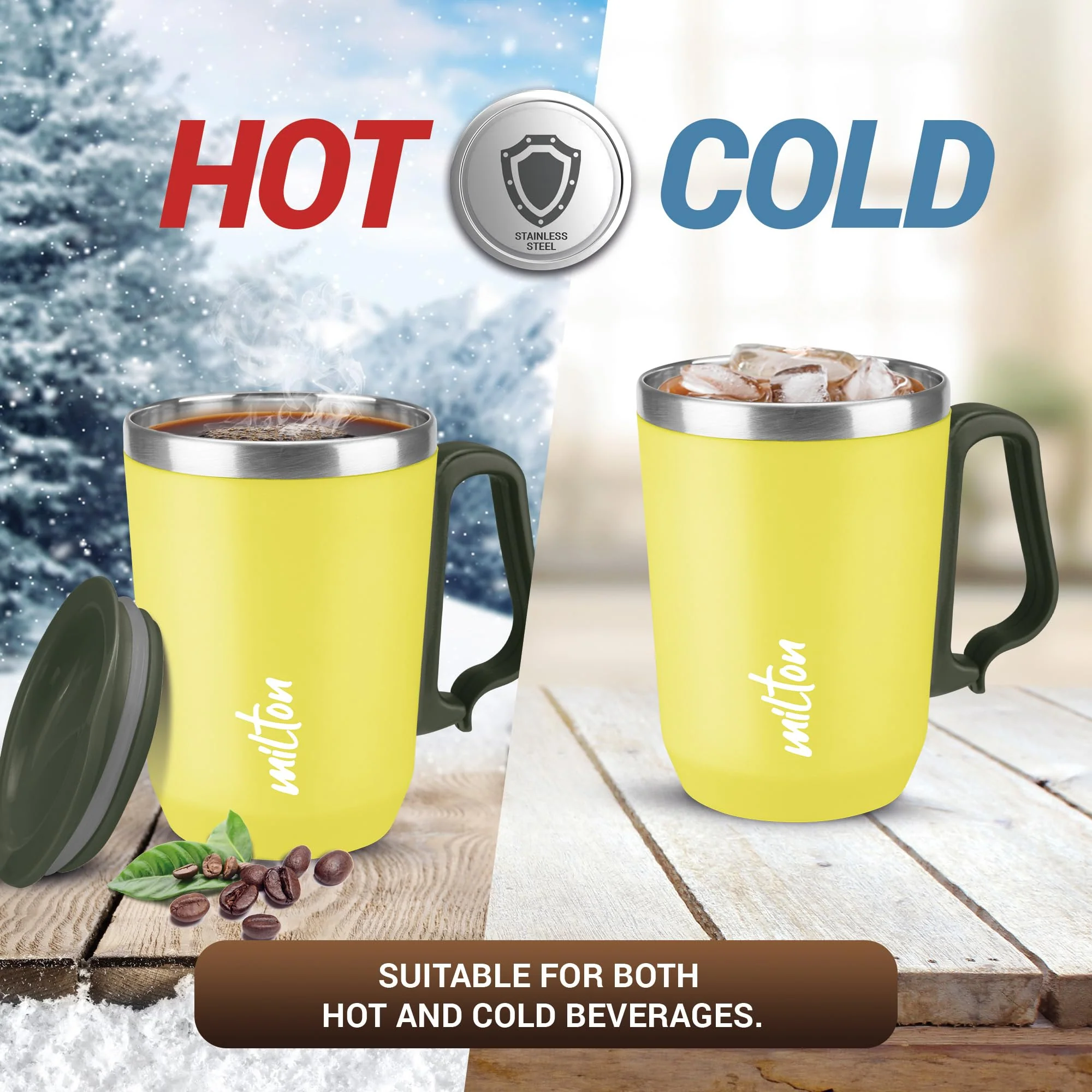 Milton Cool Touch Coastal 350 Stainless Steel Mug with Lid 300 ml Yellow Wide Mouth for Easy Cleaning Sturdy Handle Hot and Cold Beverages Flap Lid Microwave Safe Light Weight BPA Free - Image 6