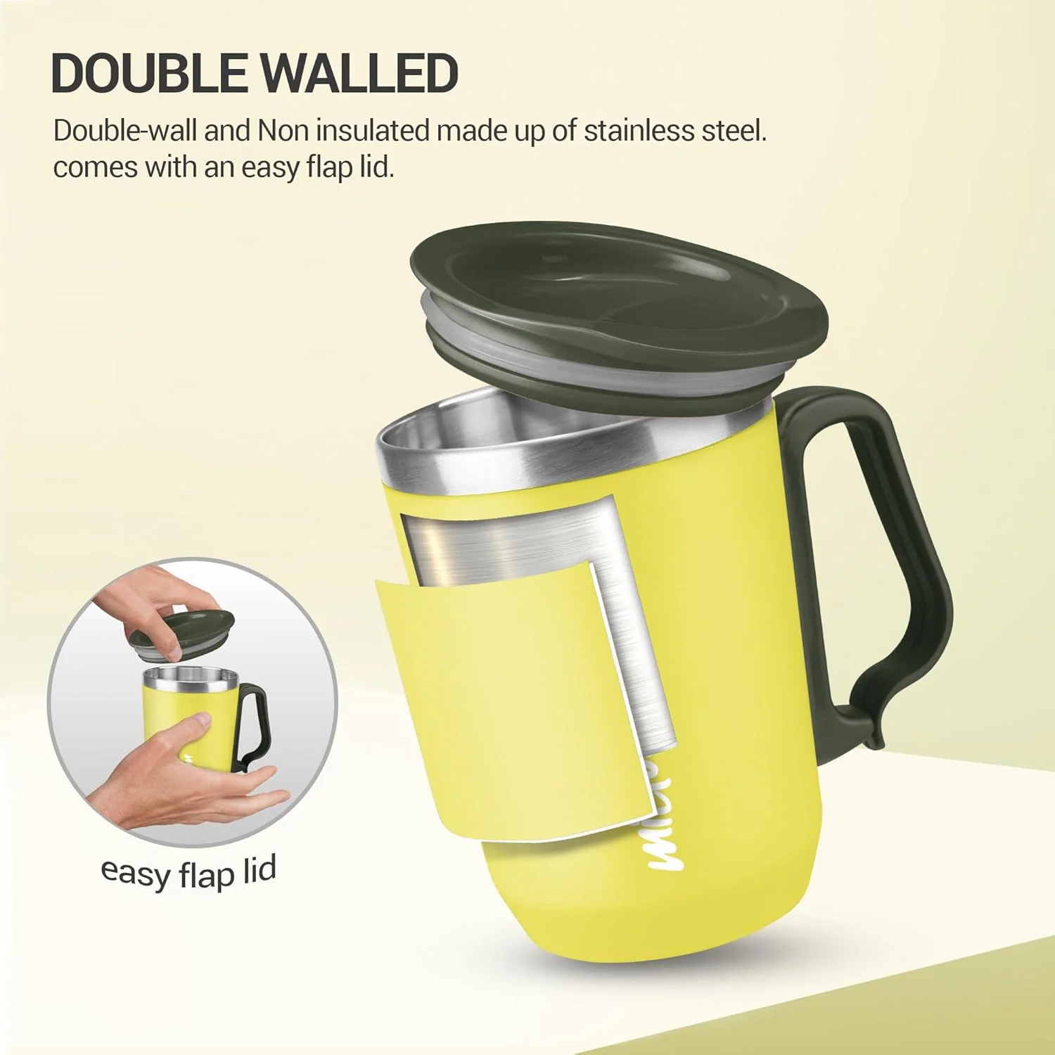 Milton Cool Touch Coastal 350 Stainless Steel Mug with Lid 300 ml Yellow Wide Mouth for Easy Cleaning Sturdy Handle Hot and Cold Beverages Flap Lid Microwave Safe Light Weight BPA Free - Image 7