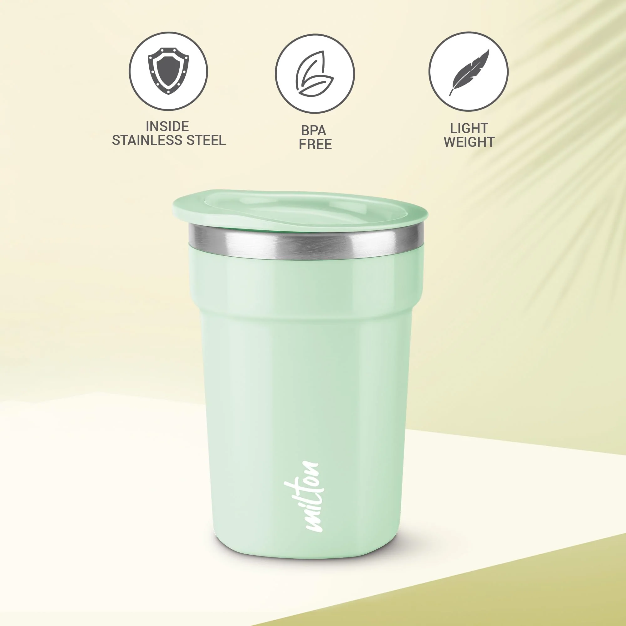Milton Cool Touch Deccan 350 Stainless Steel Mug with Lid, 330 ml, Aqua Green, Wide Mouth for easy cleaning, Sturdy Handle, Hot and Cold Beverages, Flap Lid, Microwave Safe, Light Weight, BPA Free - Image 2