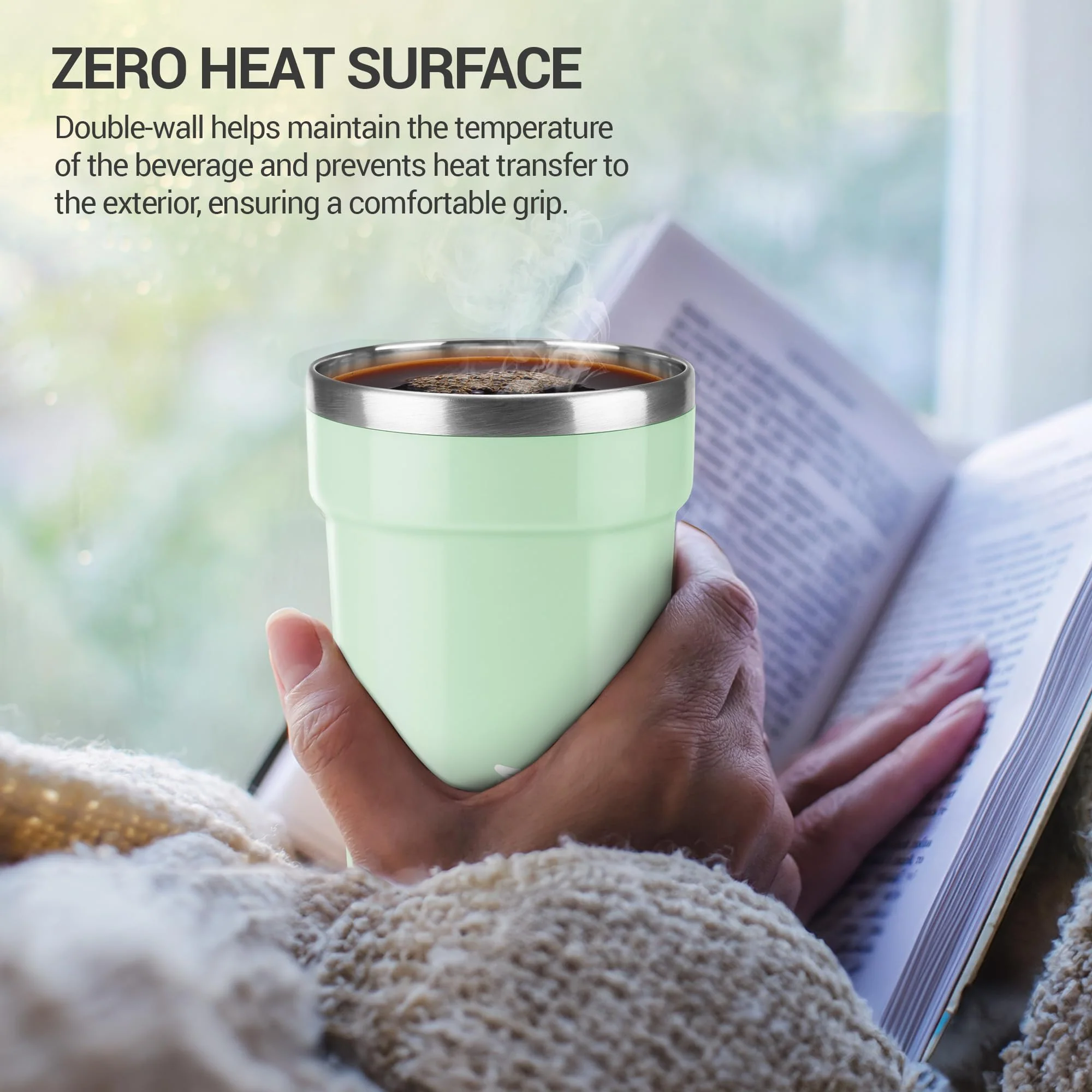 Milton Cool Touch Deccan 350 Stainless Steel Mug with Lid, 330 ml, Aqua Green, Wide Mouth for easy cleaning, Sturdy Handle, Hot and Cold Beverages, Flap Lid, Microwave Safe, Light Weight, BPA Free - Image 3