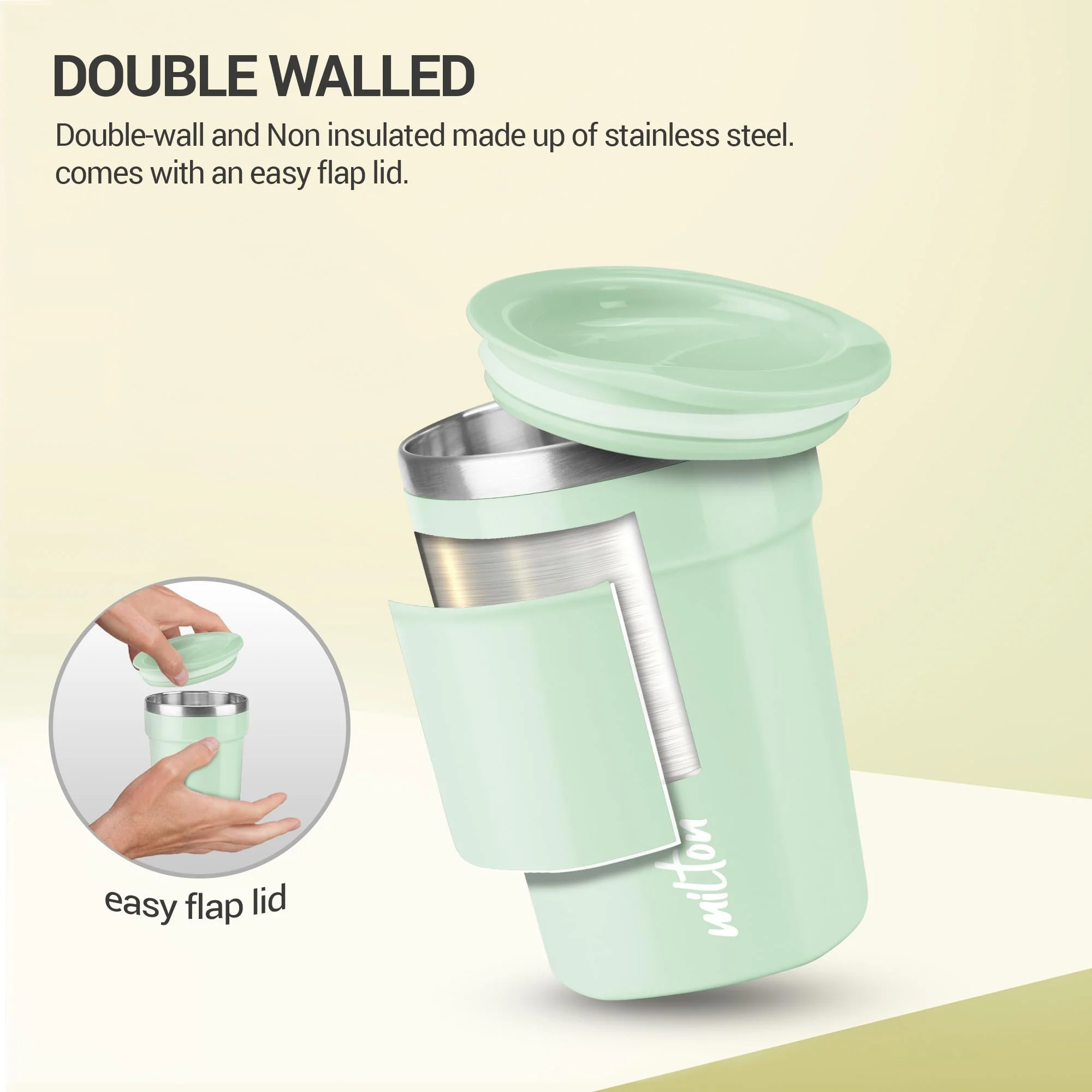 Milton Cool Touch Deccan 350 Stainless Steel Mug with Lid, 330 ml, Aqua Green, Wide Mouth for easy cleaning, Sturdy Handle, Hot and Cold Beverages, Flap Lid, Microwave Safe, Light Weight, BPA Free - Image 5