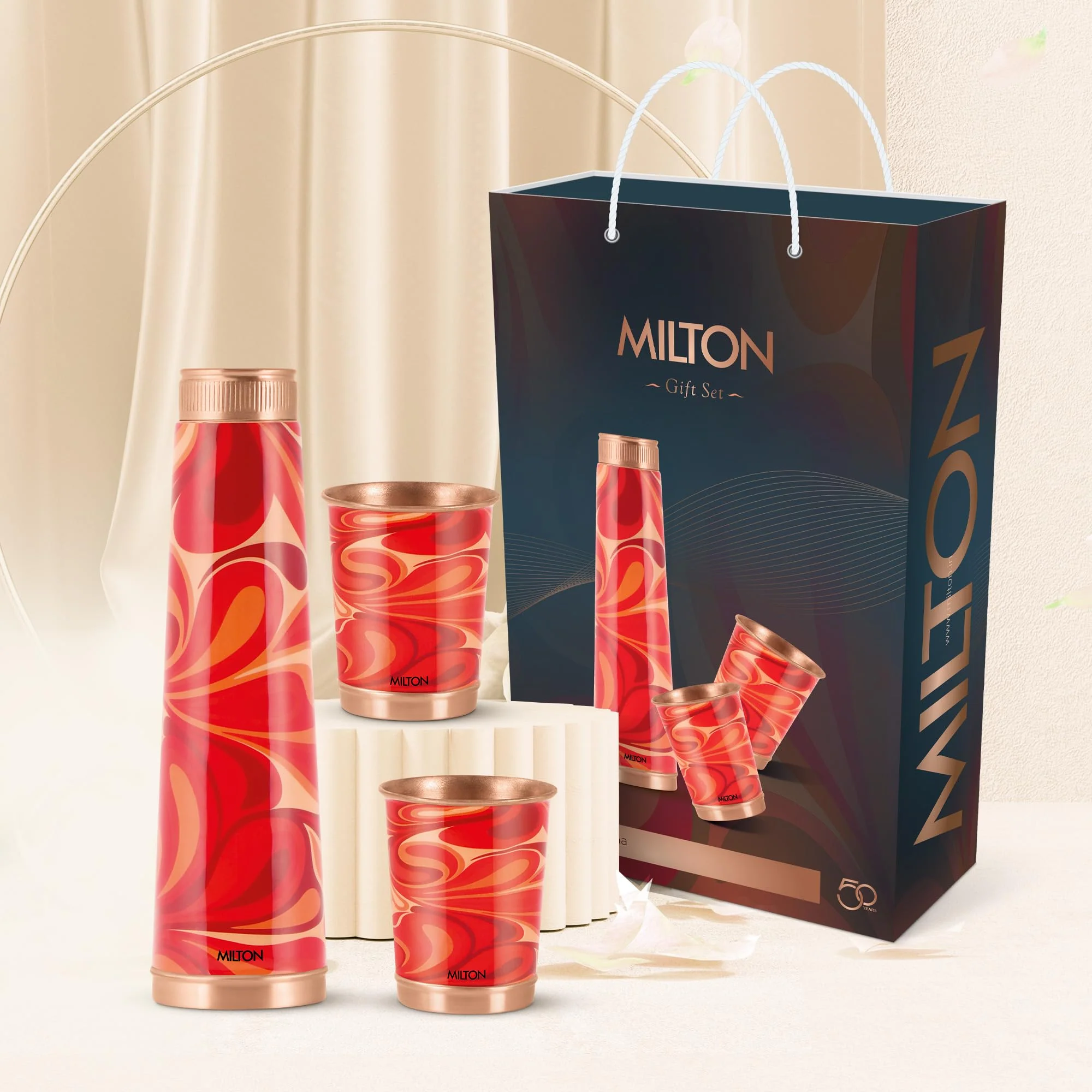 Milton Copper Eterna Diwali Gift Set (1 - Bottle 930 ml and 2-Tumbler 290 ml Each) Abstract Red Lacquer Coating Curved Bottle