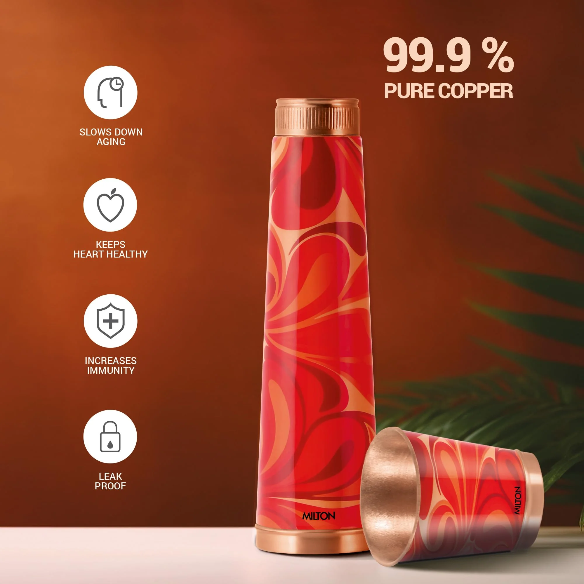 Milton Copper Eterna Diwali Gift Set (1 - Bottle 930 ml and 2-Tumbler 290 ml Each) Abstract Red Lacquer Coating Curved Bottle - Image 2